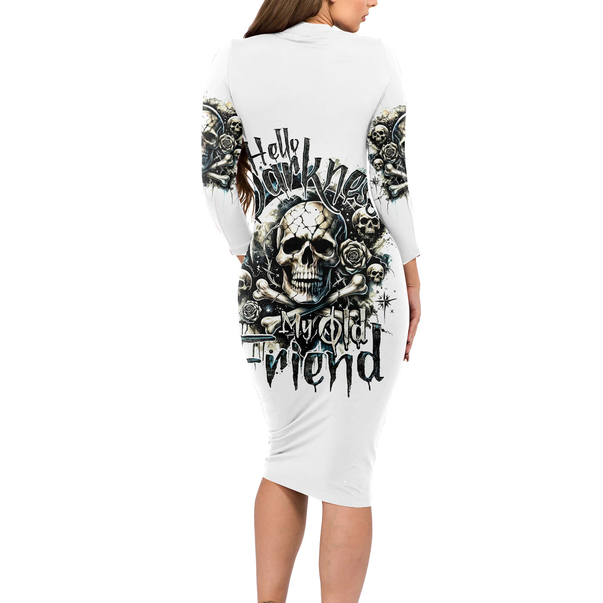 Black Skull Long Sleeve Bodycon Dress Hello Darkness My Old Friend - Wonder Print Shop