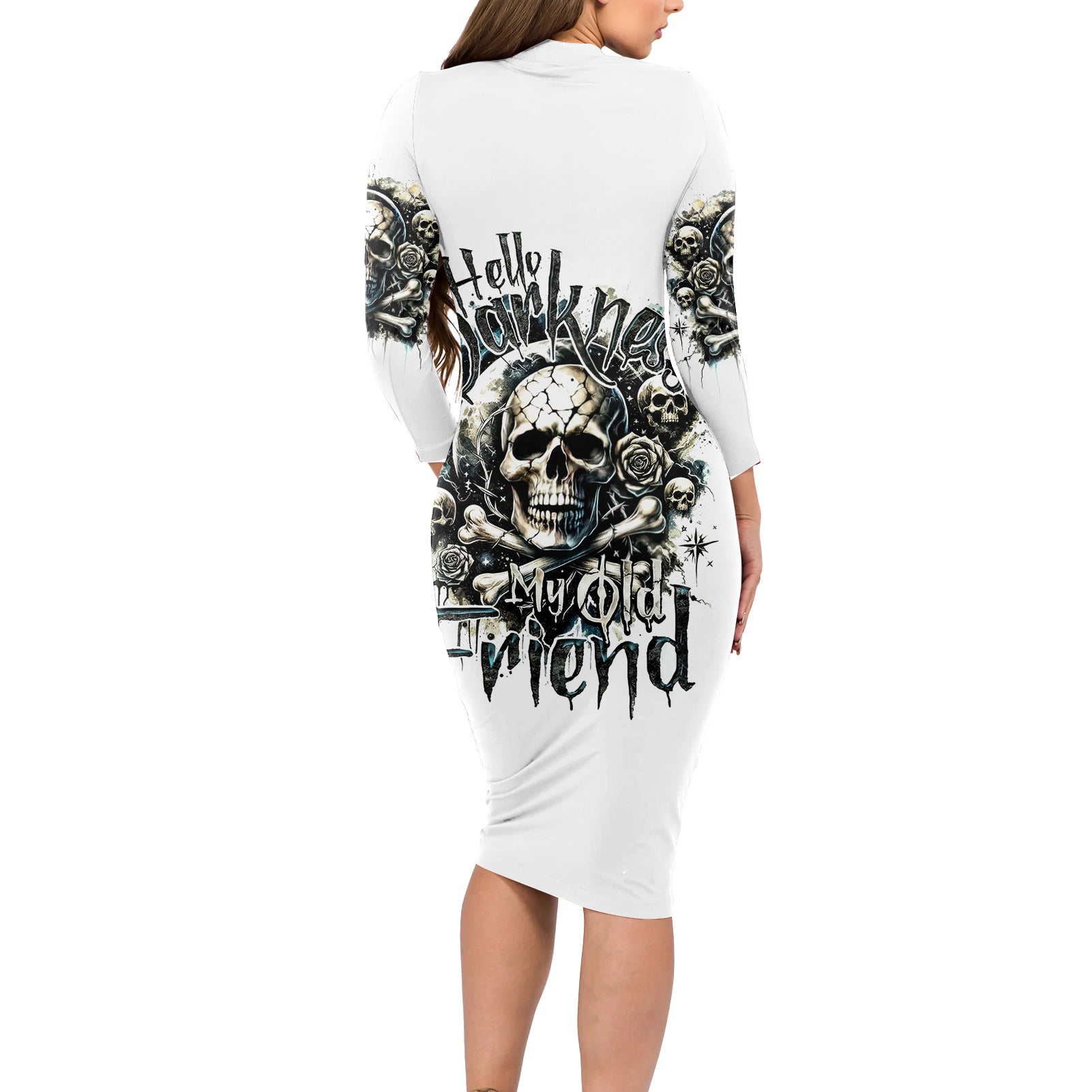 Black Skull Long Sleeve Bodycon Dress Hello Darkness My Old Friend - Wonder Print Shop
