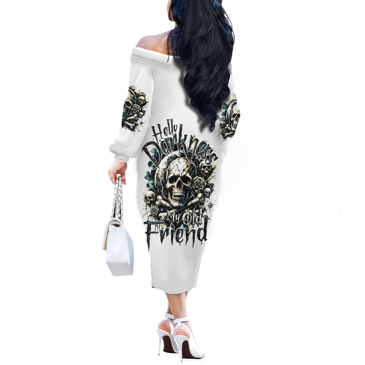 Black Skull Off The Shoulder Long Sleeve Dress Hello Darkness My Old Friend - Wonder Print Shop