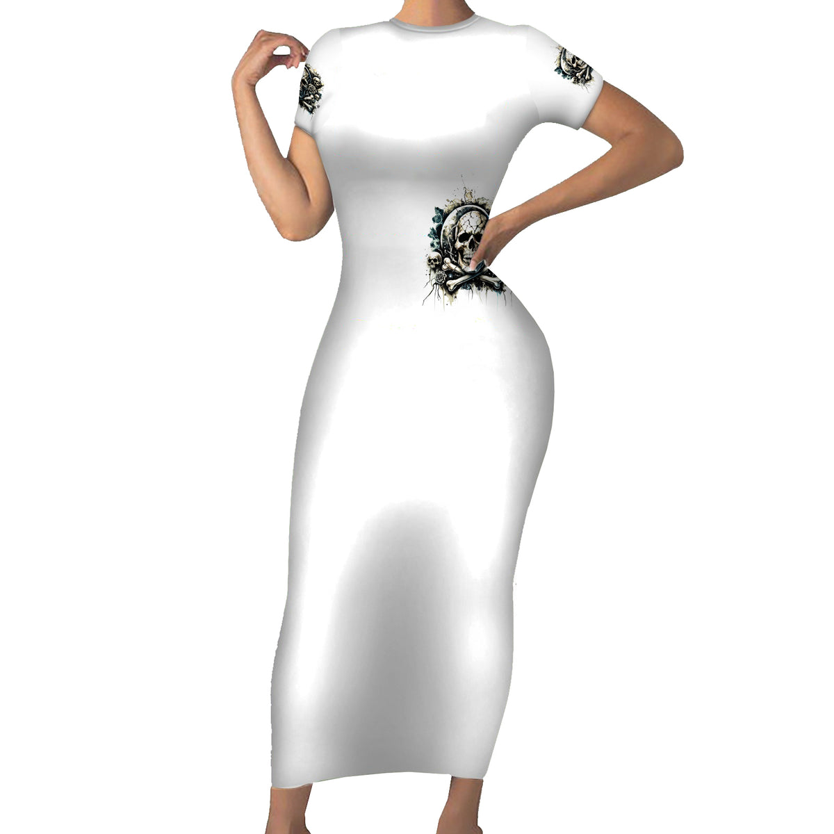 Black Skull Short Sleeve Bodycon Dress Hello Darkness My Old Friend - Wonder Print Shop