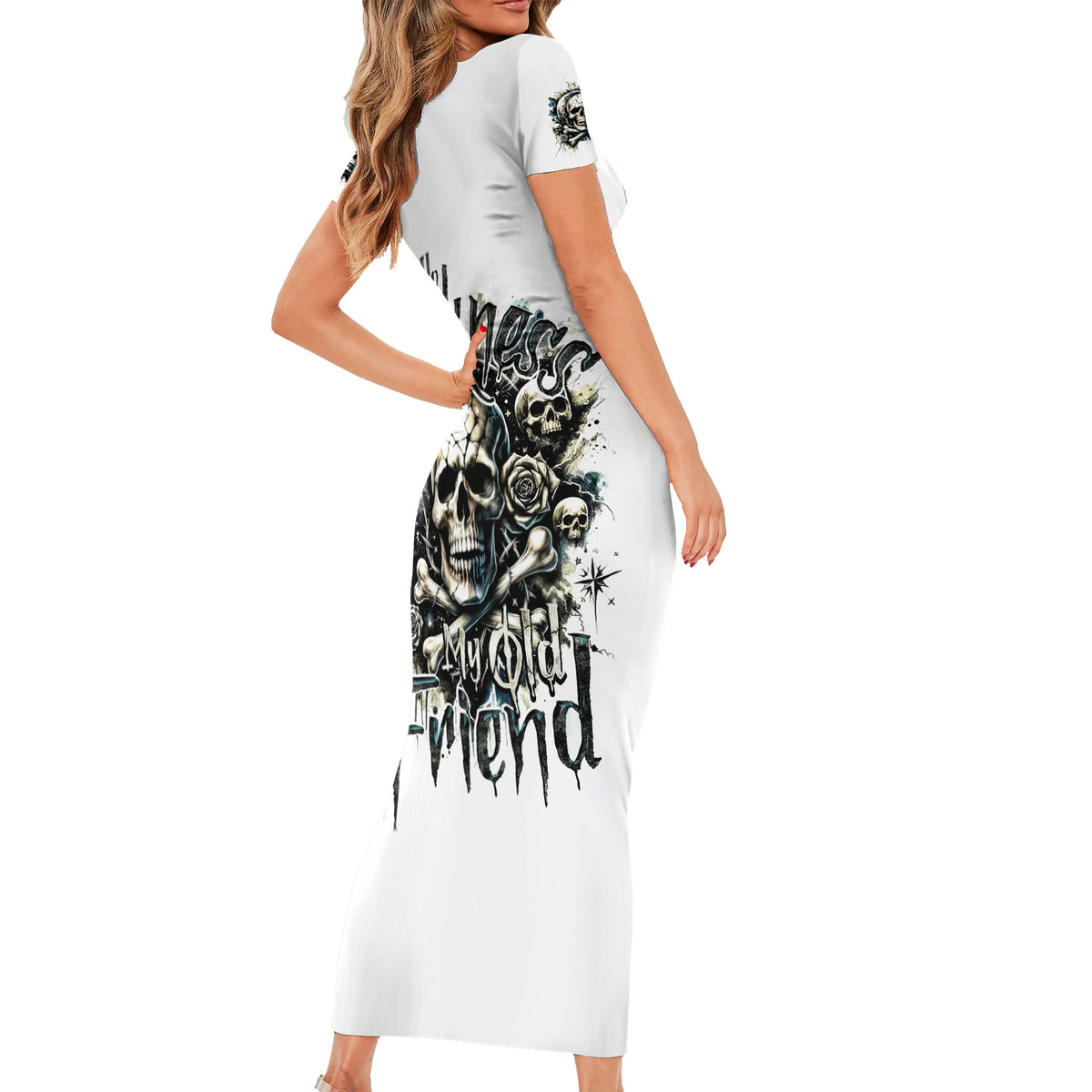 Black Skull Short Sleeve Bodycon Dress Hello Darkness My Old Friend - Wonder Print Shop