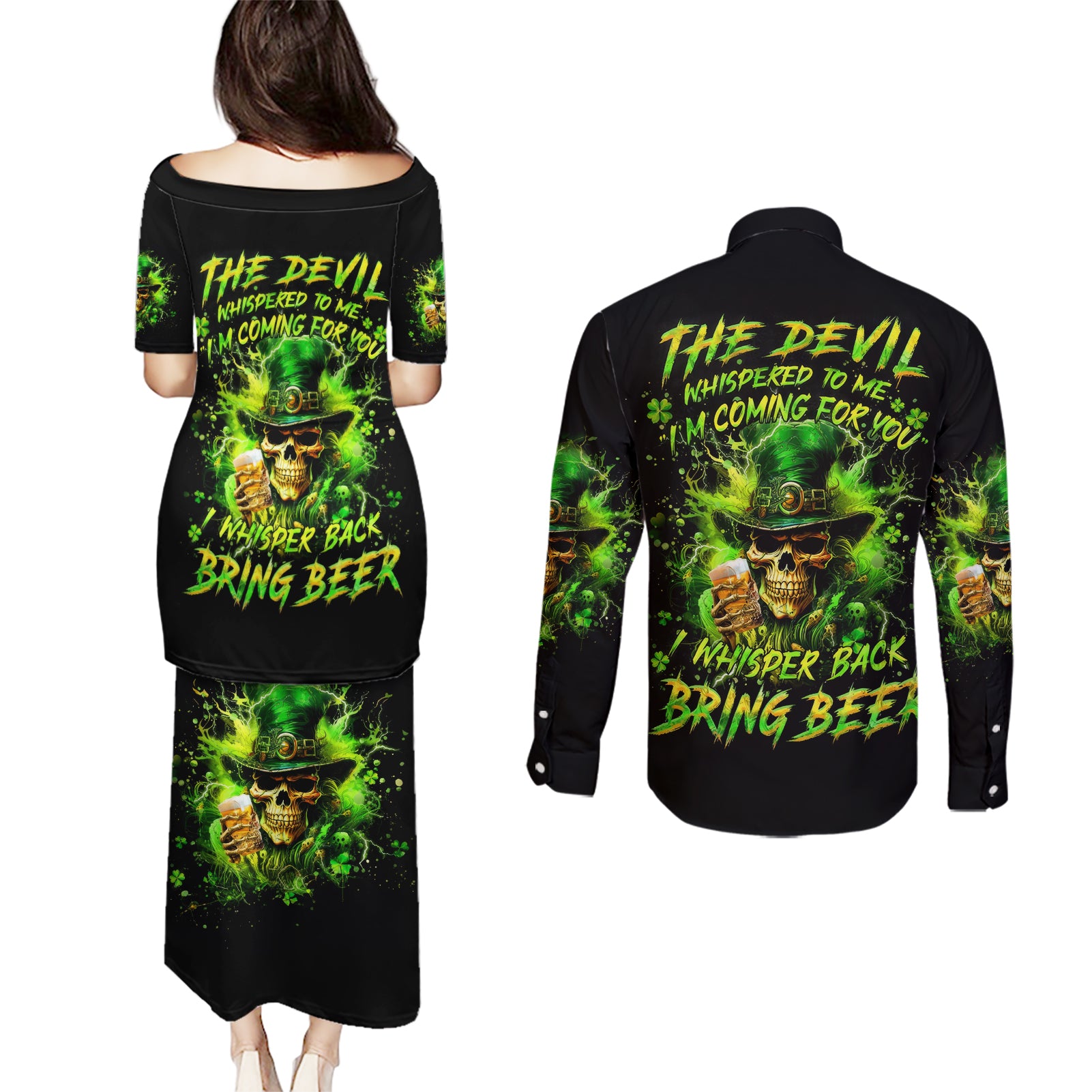 Irish Skull Couples Matching Puletasi and Long Sleeve Button Shirt The Devil Whispered To Me I'm Coming For You I Whisper Back Bring Beer - Wonder Print Shop