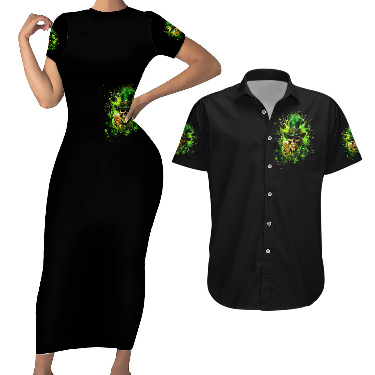 Irish Skull Couples Matching Short Sleeve Bodycon Dress and Hawaiian Shirt The Devil Whispered To Me I'm Coming For You I Whisper Back Bring Beer - Wonder Print Shop