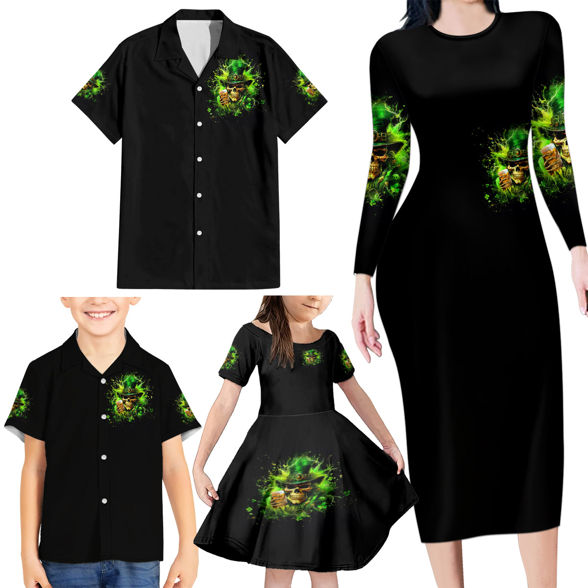 Irish Skull Family Matching Long Sleeve Bodycon Dress and Hawaiian Shirt The Devil Whispered To Me I'm Coming For You I Whisper Back Bring Beer - Wonder Print Shop