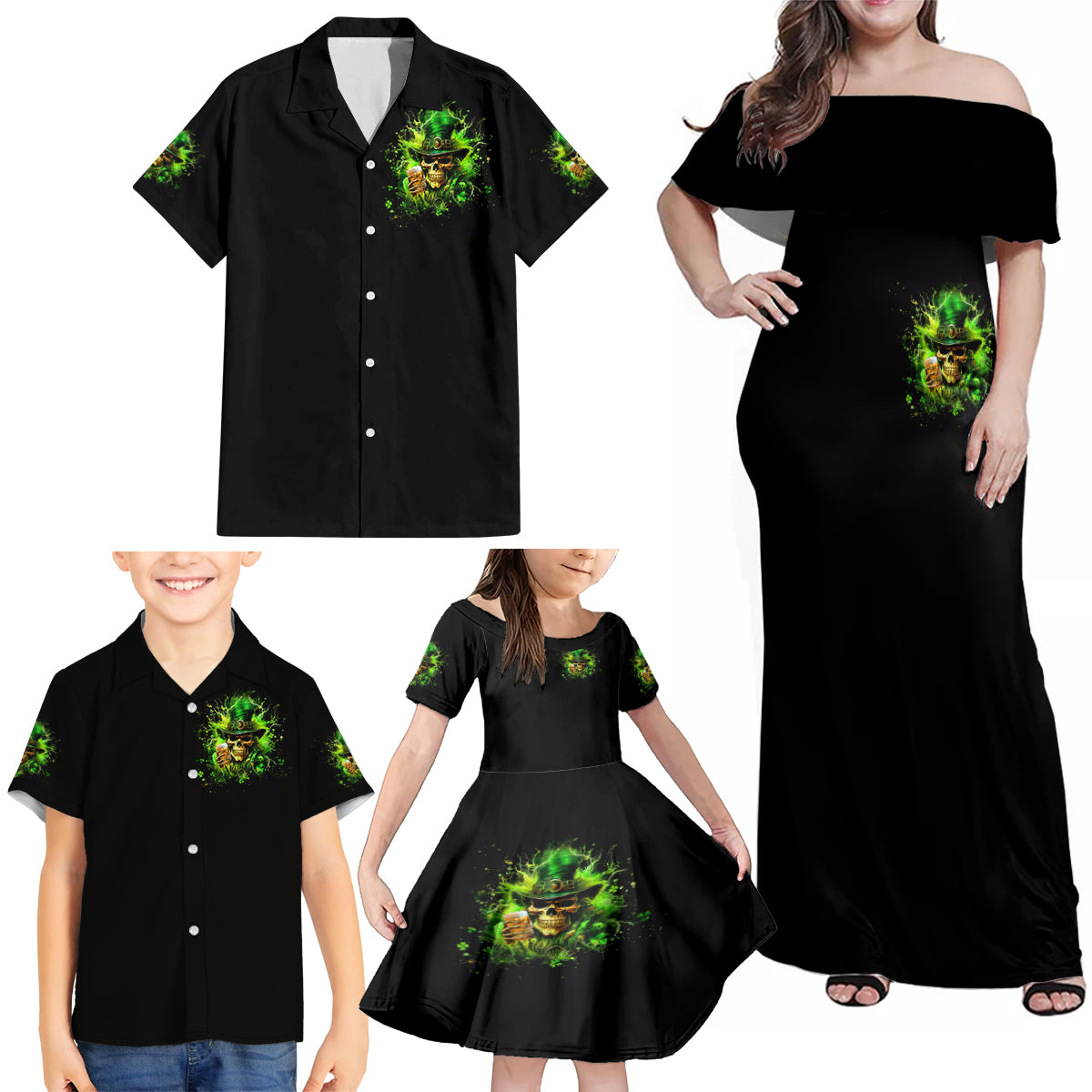 Irish Skull Family Matching Off Shoulder Maxi Dress and Hawaiian Shirt The Devil Whispered To Me I'm Coming For You I Whisper Back Bring Beer - Wonder Print Shop