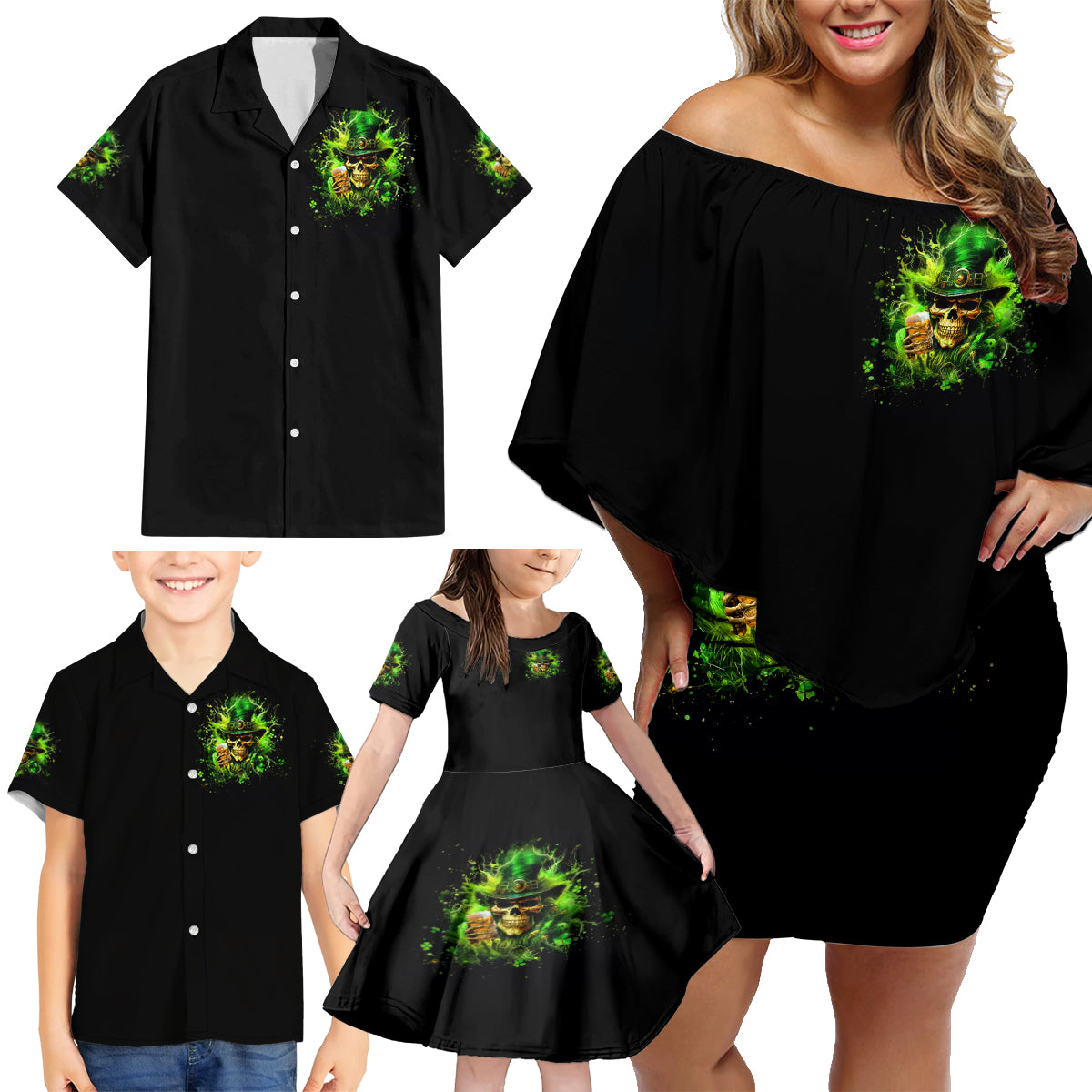 Irish Skull Family Matching Off Shoulder Short Dress and Hawaiian Shirt The Devil Whispered To Me I'm Coming For You I Whisper Back Bring Beer - Wonder Print Shop