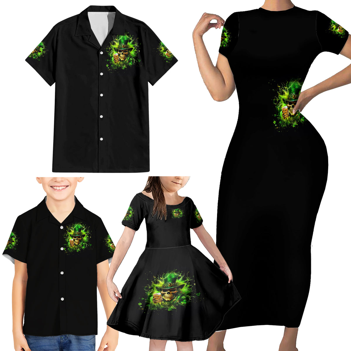 Irish Skull Family Matching Short Sleeve Bodycon Dress and Hawaiian Shirt The Devil Whispered To Me I'm Coming For You I Whisper Back Bring Beer - Wonder Print Shop