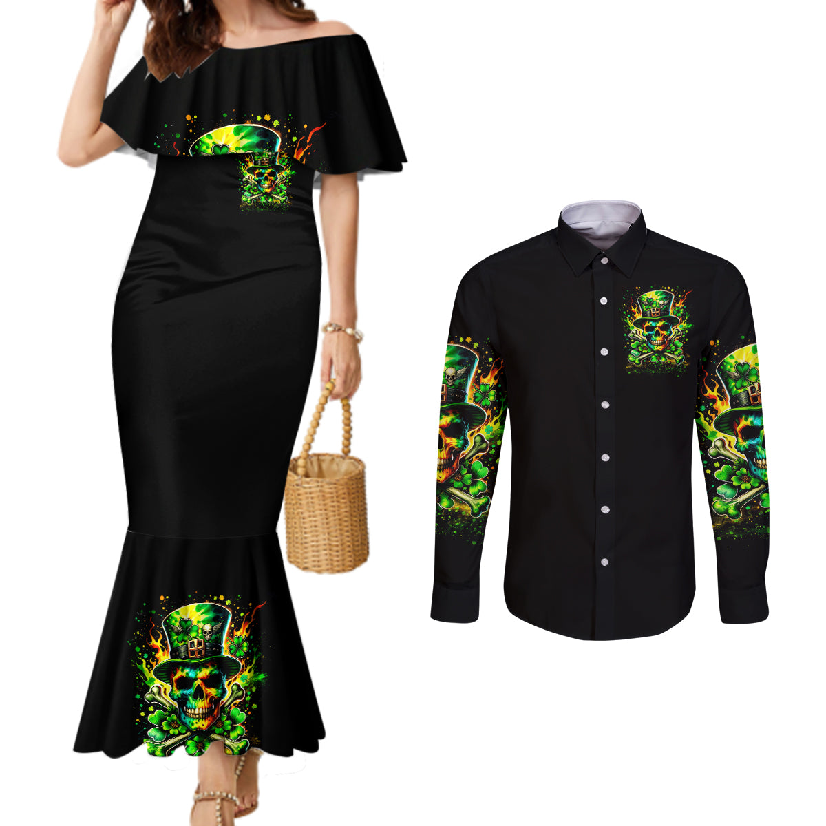 Irish Skull Couples Matching Mermaid Dress and Long Sleeve Button Shirt Let The Shenanigans Begin