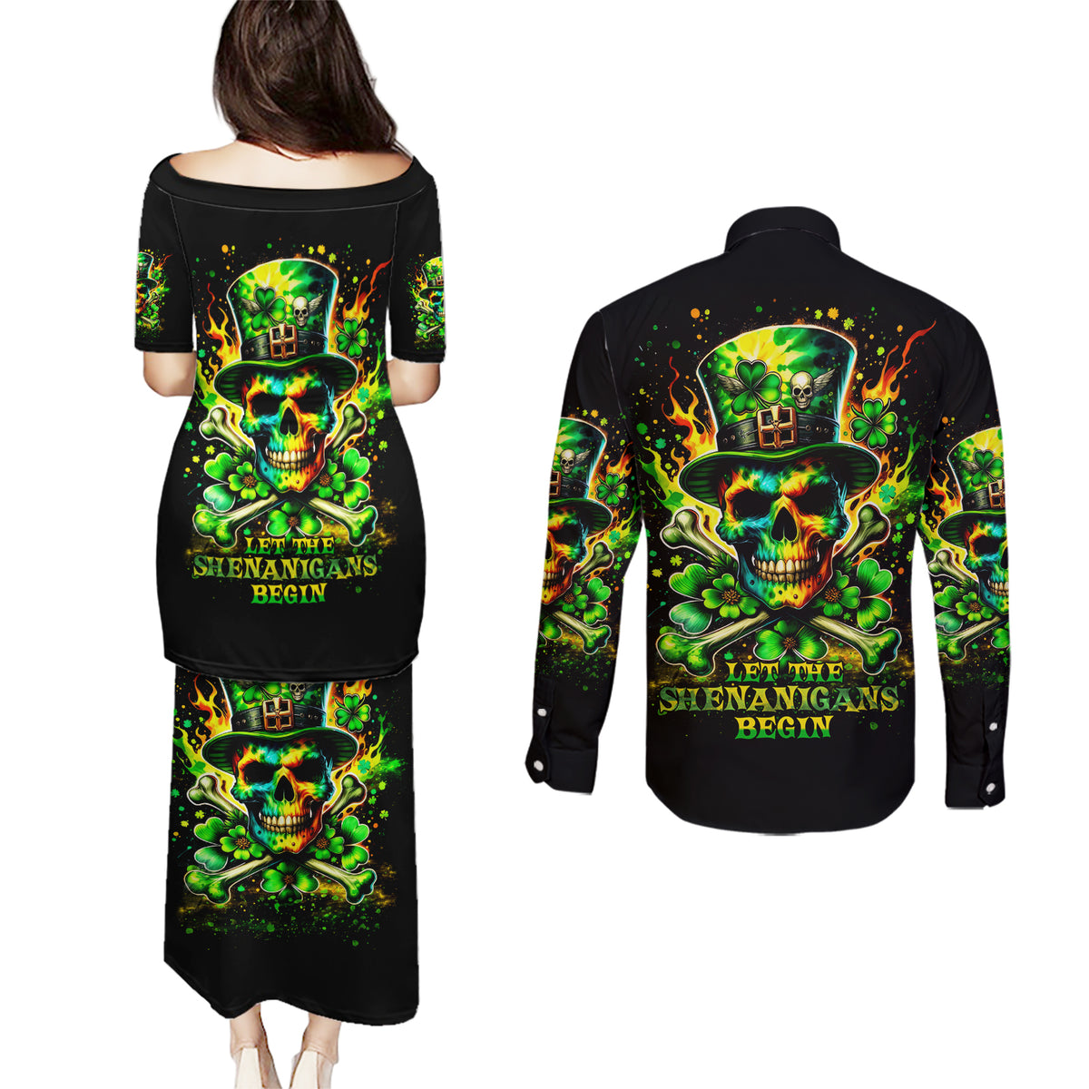 Irish Skull Couples Matching Puletasi and Long Sleeve Button Shirt Let The Shenanigans Begin - Wonder Print Shop