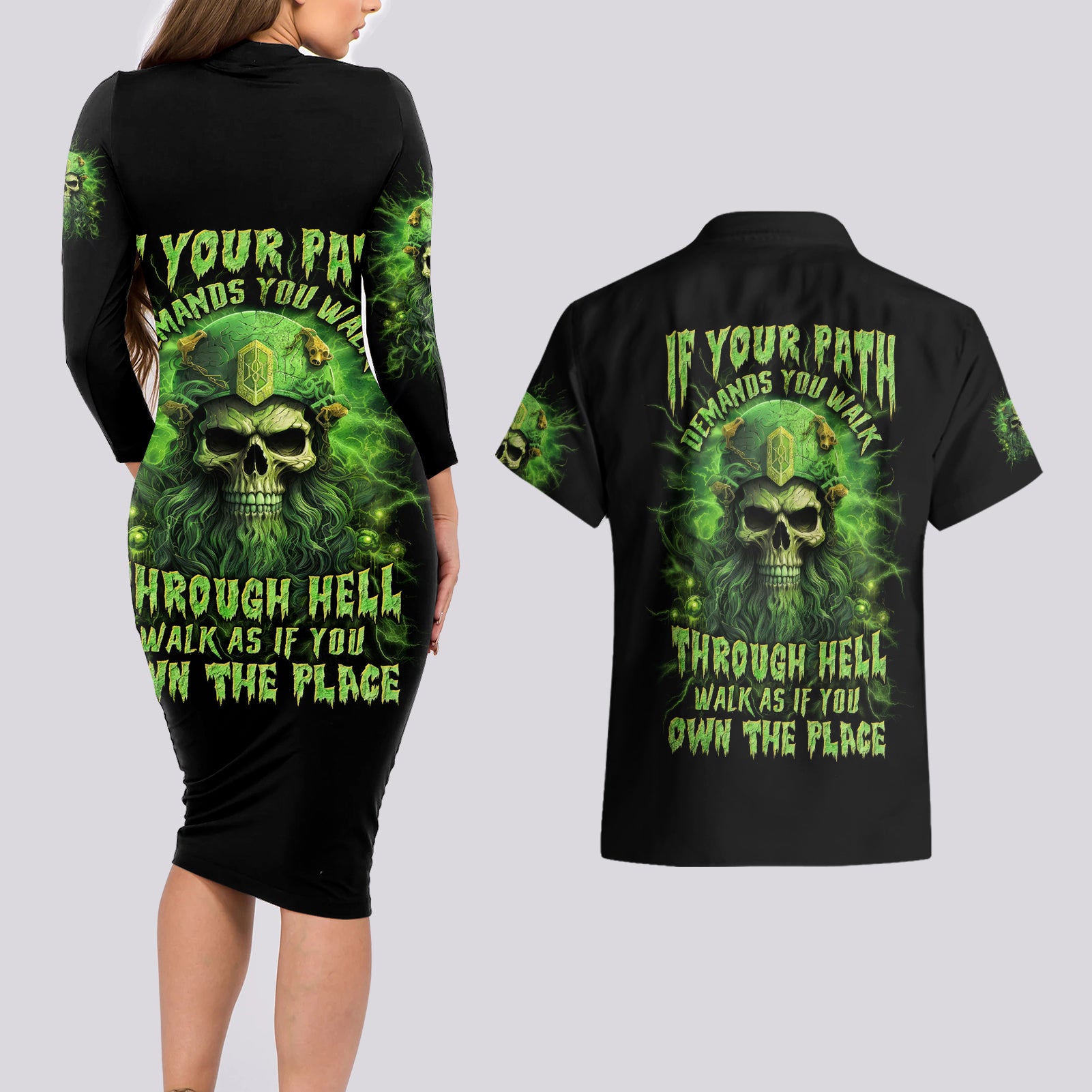Viking Skull Couples Matching Long Sleeve Bodycon Dress and Hawaiian Shirt If Your Path Demnads You Walk Through Hell Walk As If You Own The Place - Wonder Print Shop
