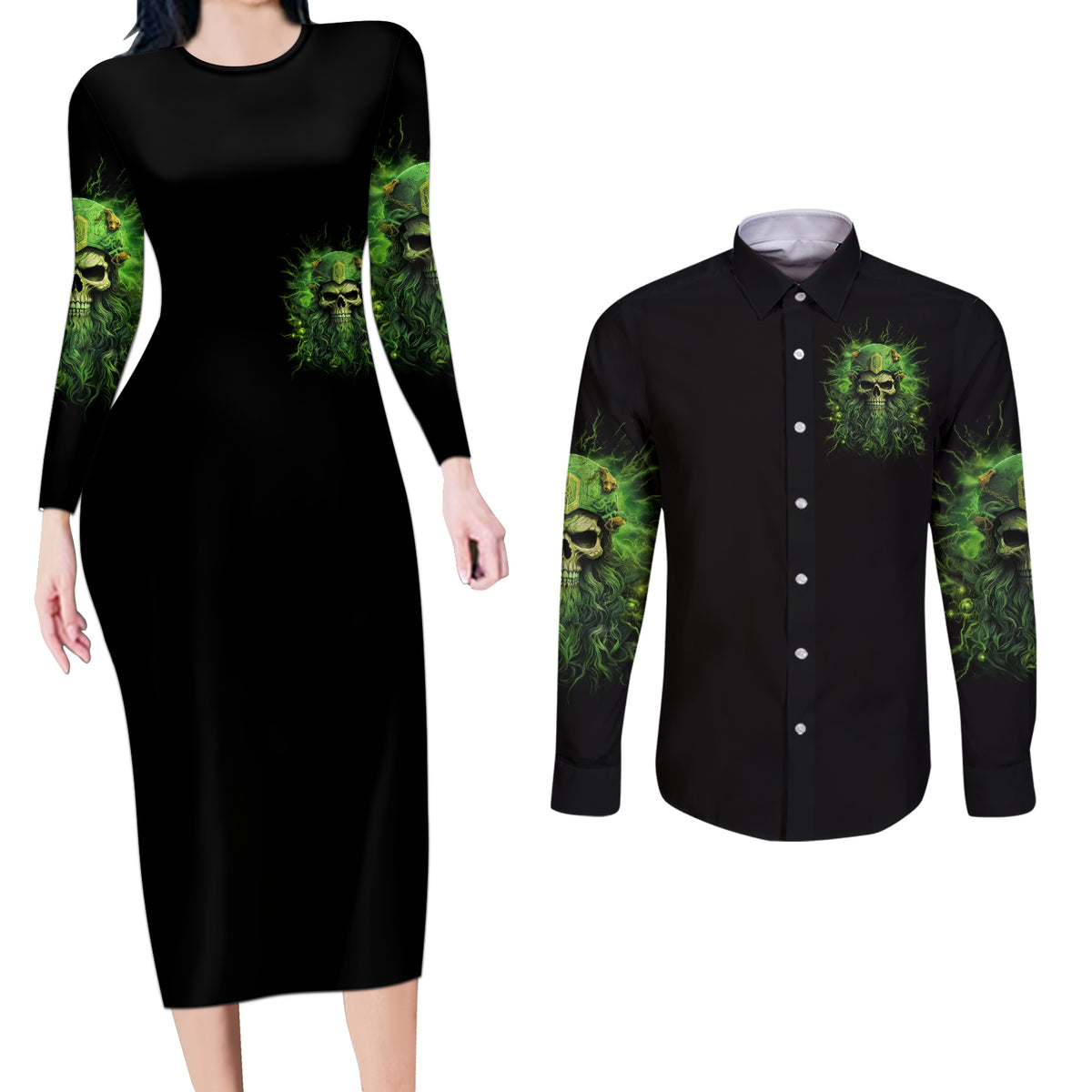 Viking Skull Couples Matching Long Sleeve Bodycon Dress and Long Sleeve Button Shirt If Your Path Demnads You Walk Through Hell Walk As If You Own The Place - Wonder Print Shop