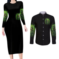 Viking Skull Couples Matching Long Sleeve Bodycon Dress and Long Sleeve Button Shirt If Your Path Demnads You Walk Through Hell Walk As If You Own The Place - Wonder Print Shop