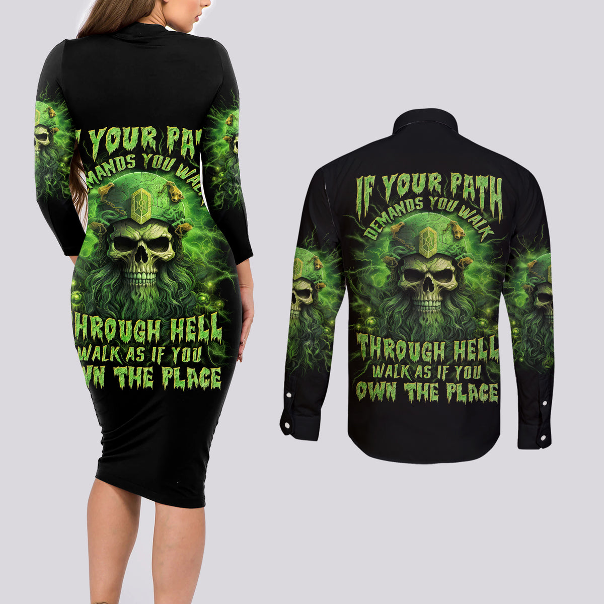 Viking Skull Couples Matching Long Sleeve Bodycon Dress and Long Sleeve Button Shirt If Your Path Demnads You Walk Through Hell Walk As If You Own The Place - Wonder Print Shop