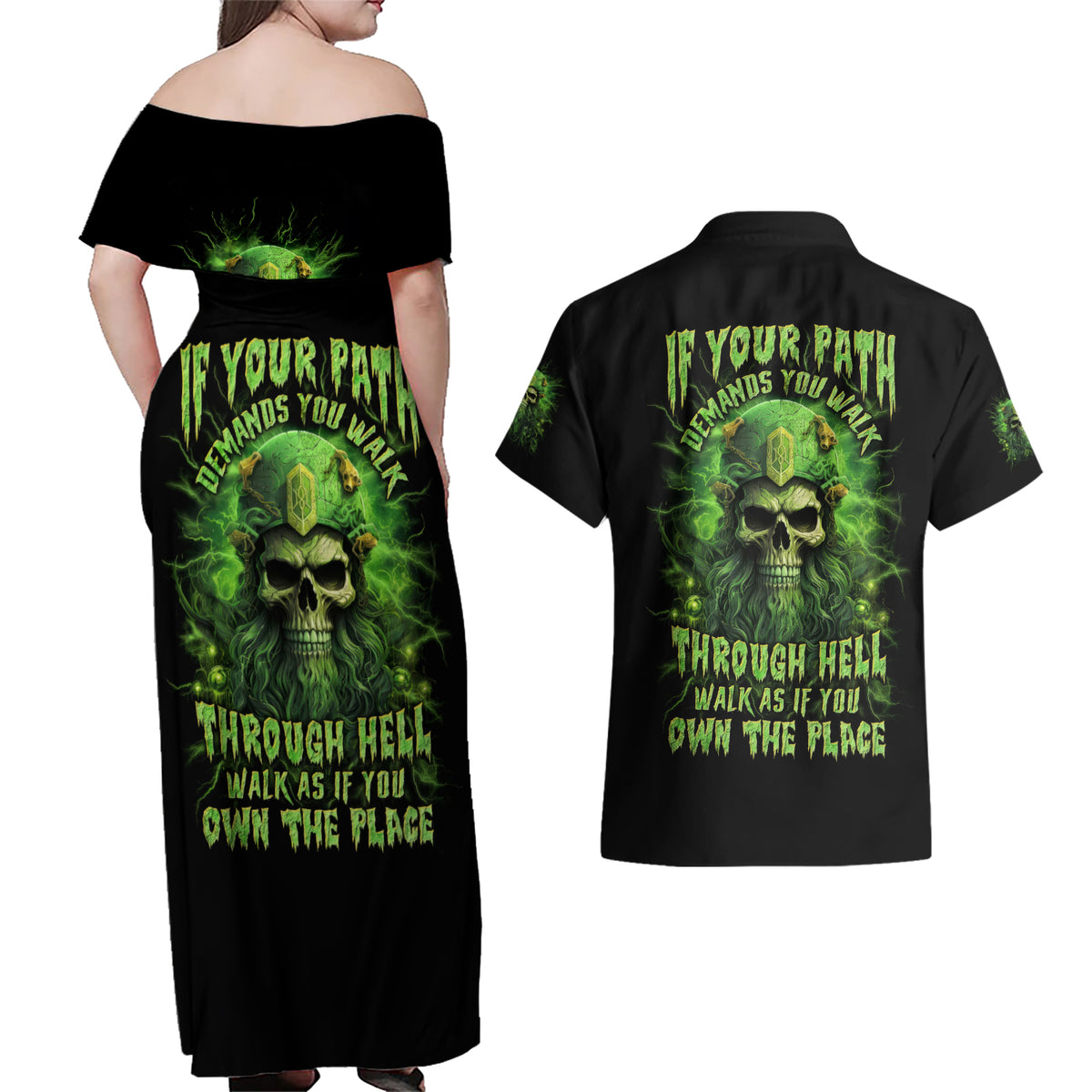 Viking Skull Couples Matching Off Shoulder Maxi Dress and Hawaiian Shirt If Your Path Demnads You Walk Through Hell Walk As If You Own The Place - Wonder Print Shop