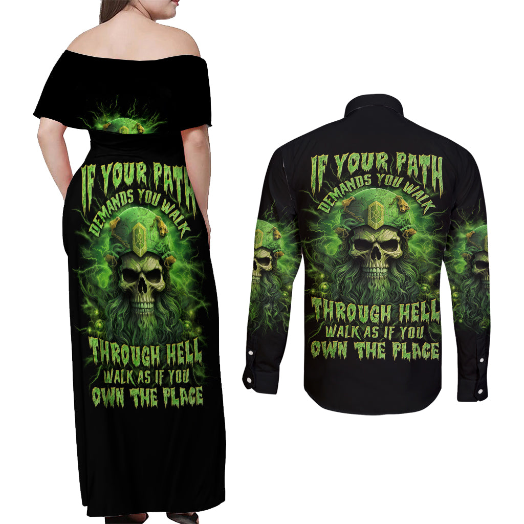 Viking Skull Couples Matching Off Shoulder Maxi Dress and Long Sleeve Button Shirt If Your Path Demnads You Walk Through Hell Walk As If You Own The Place - Wonder Print Shop