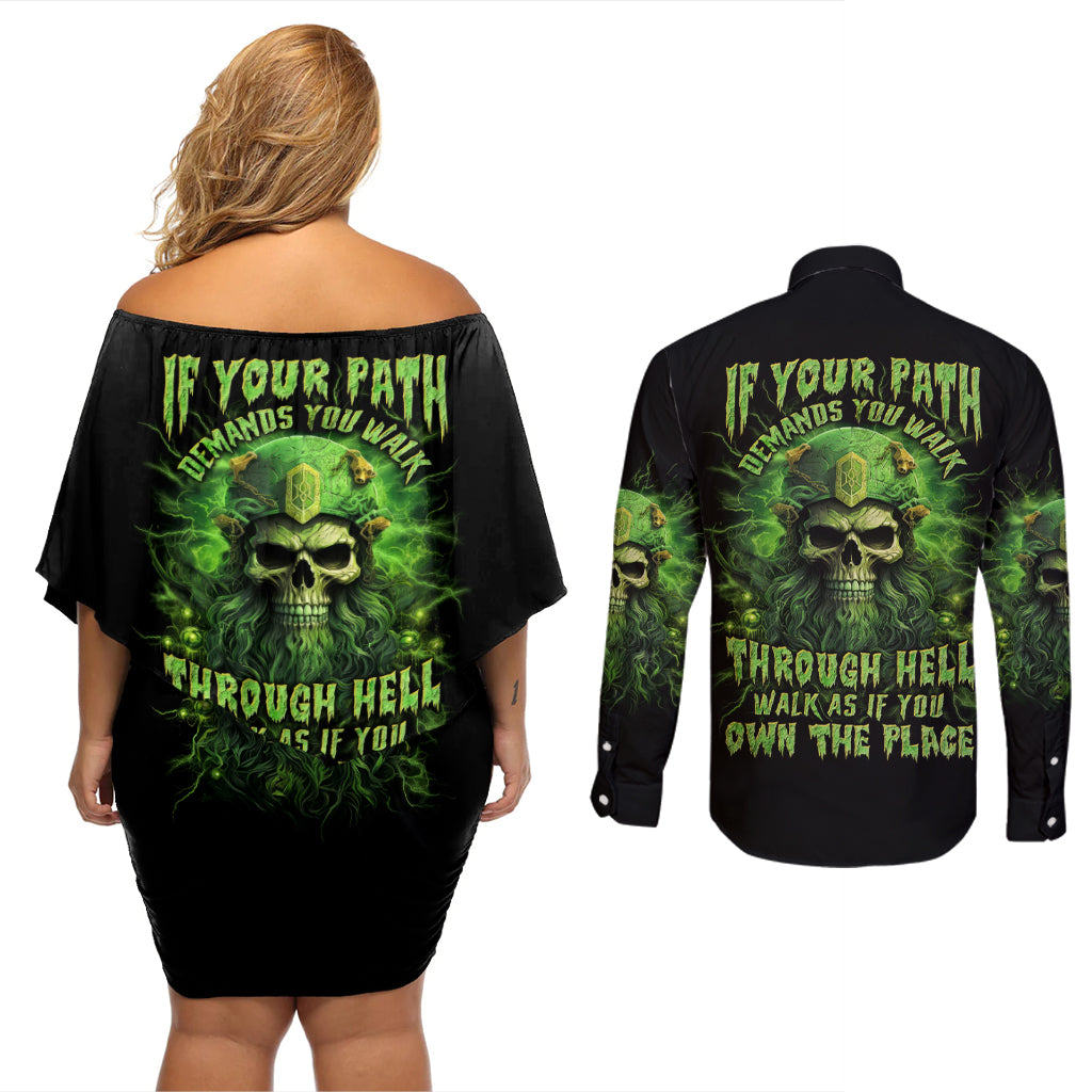 Viking Skull Couples Matching Off Shoulder Short Dress and Long Sleeve Button Shirt If Your Path Demnads You Walk Through Hell Walk As If You Own The Place - Wonder Print Shop