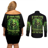 Viking Skull Couples Matching Off Shoulder Short Dress and Long Sleeve Button Shirt If Your Path Demnads You Walk Through Hell Walk As If You Own The Place - Wonder Print Shop