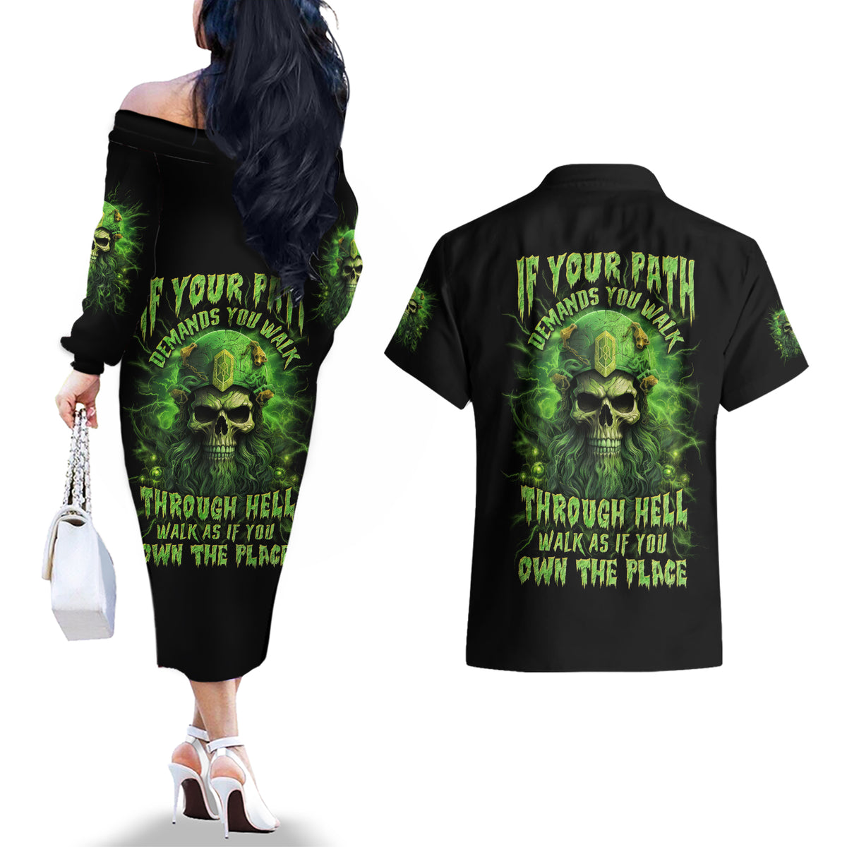Viking Skull Couples Matching Off The Shoulder Long Sleeve Dress and Hawaiian Shirt If Your Path Demnads You Walk Through Hell Walk As If You Own The Place - Wonder Print Shop