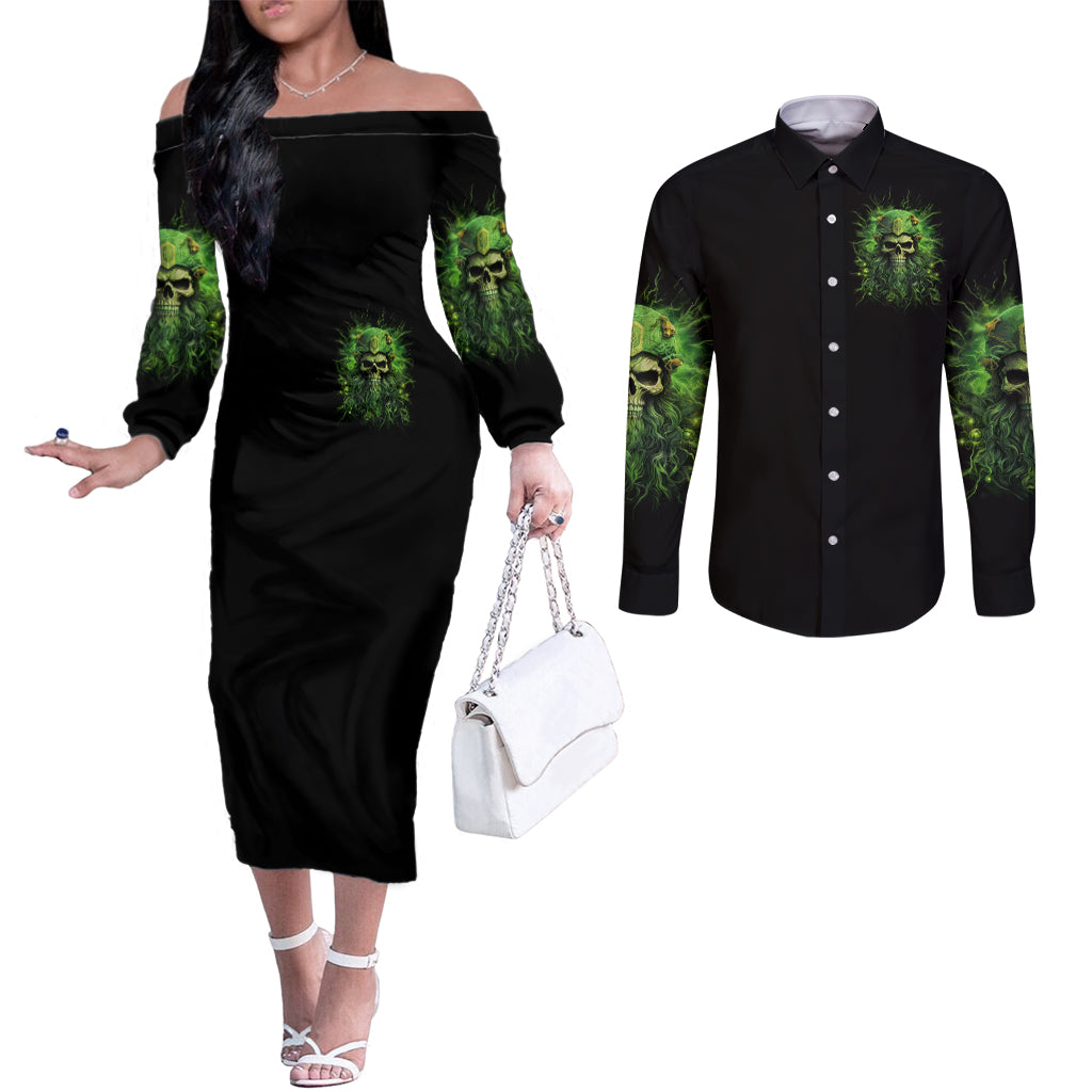 Viking Skull Couples Matching Off The Shoulder Long Sleeve Dress and Long Sleeve Button Shirt If Your Path Demnads You Walk Through Hell Walk As If You Own The Place