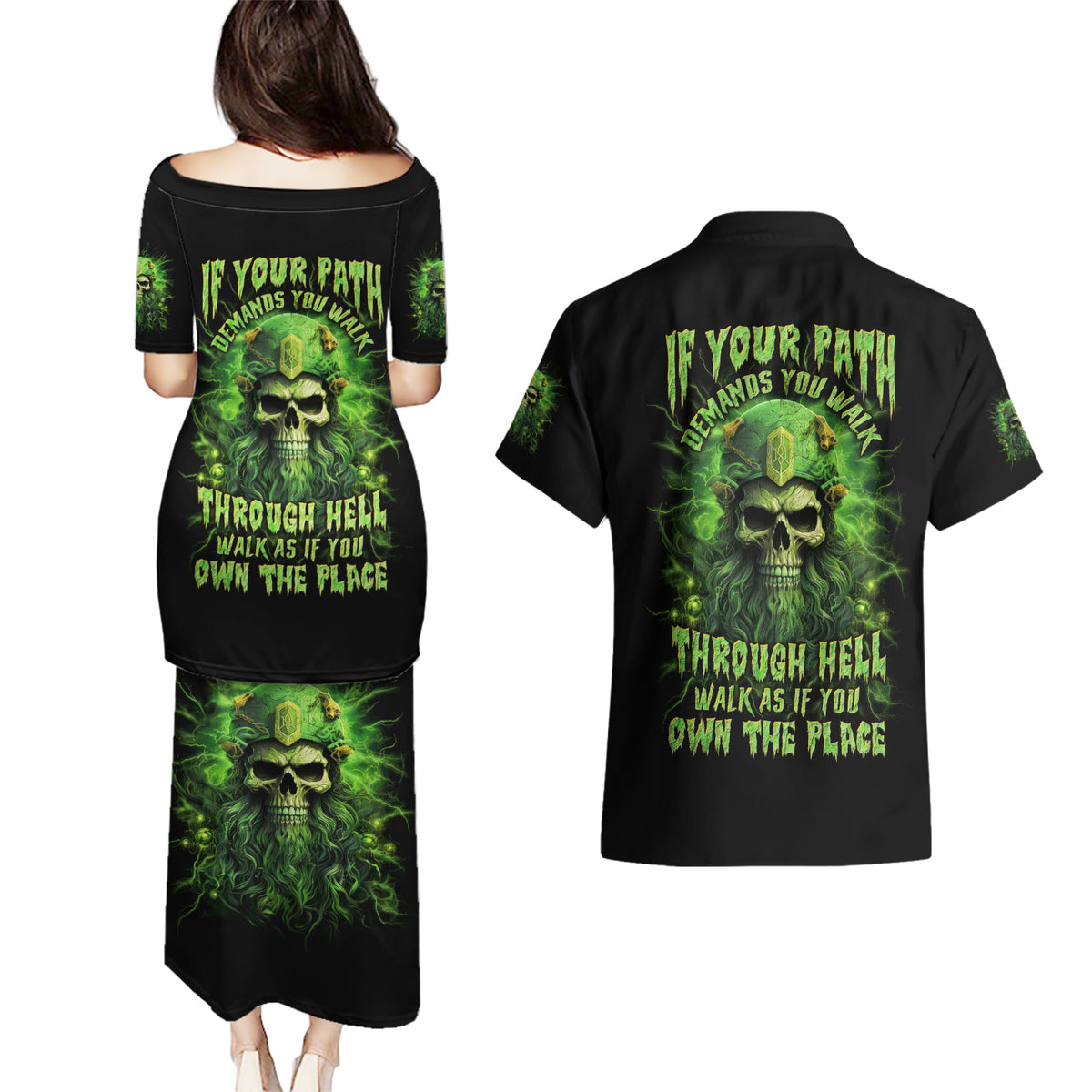 Viking Skull Couples Matching Puletasi and Hawaiian Shirt If Your Path Demnads You Walk Through Hell Walk As If You Own The Place - Wonder Print Shop