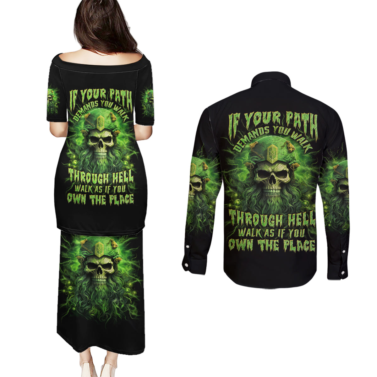 Viking Skull Couples Matching Puletasi and Long Sleeve Button Shirt If Your Path Demnads You Walk Through Hell Walk As If You Own The Place - Wonder Print Shop