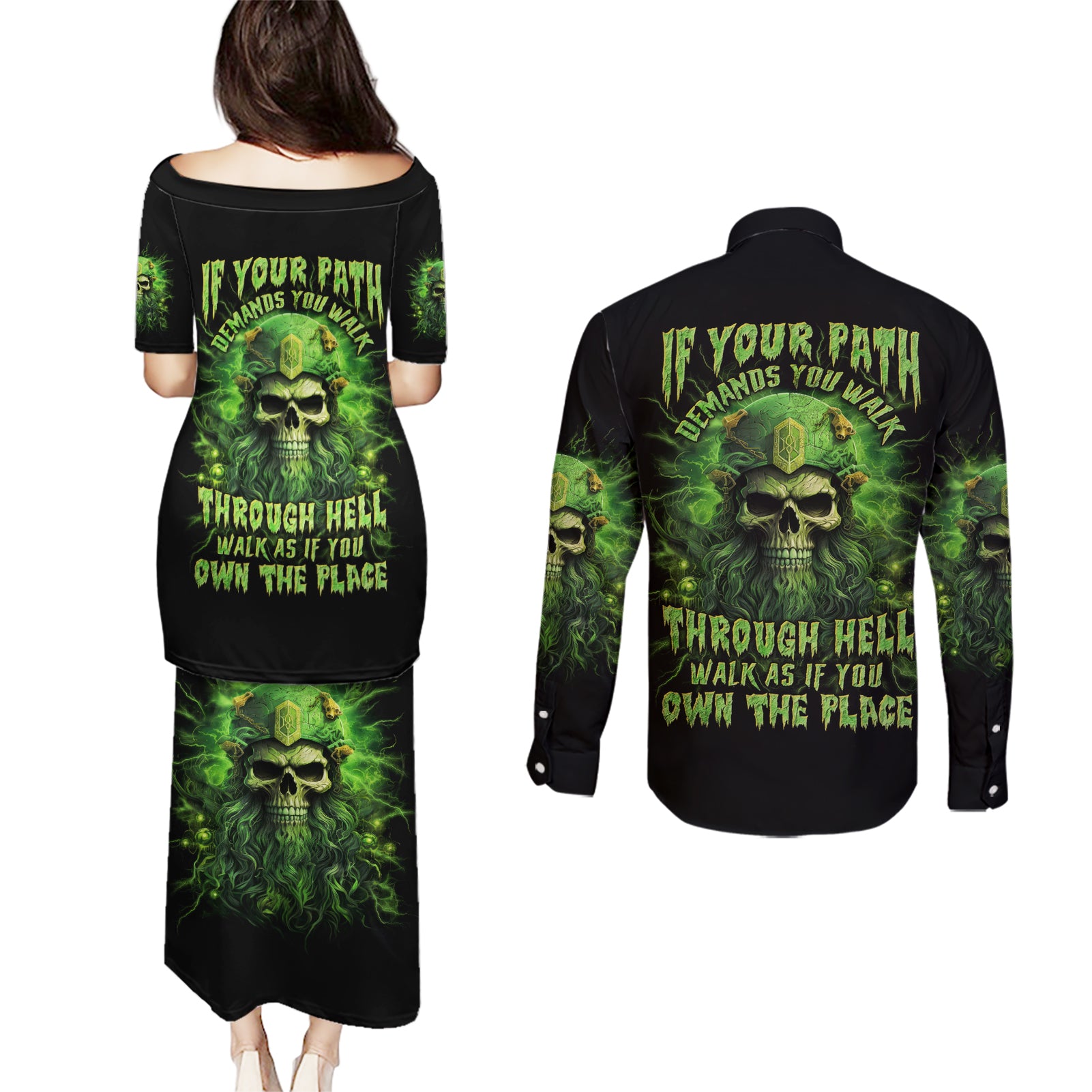Viking Skull Couples Matching Puletasi and Long Sleeve Button Shirt If Your Path Demnads You Walk Through Hell Walk As If You Own The Place - Wonder Print Shop