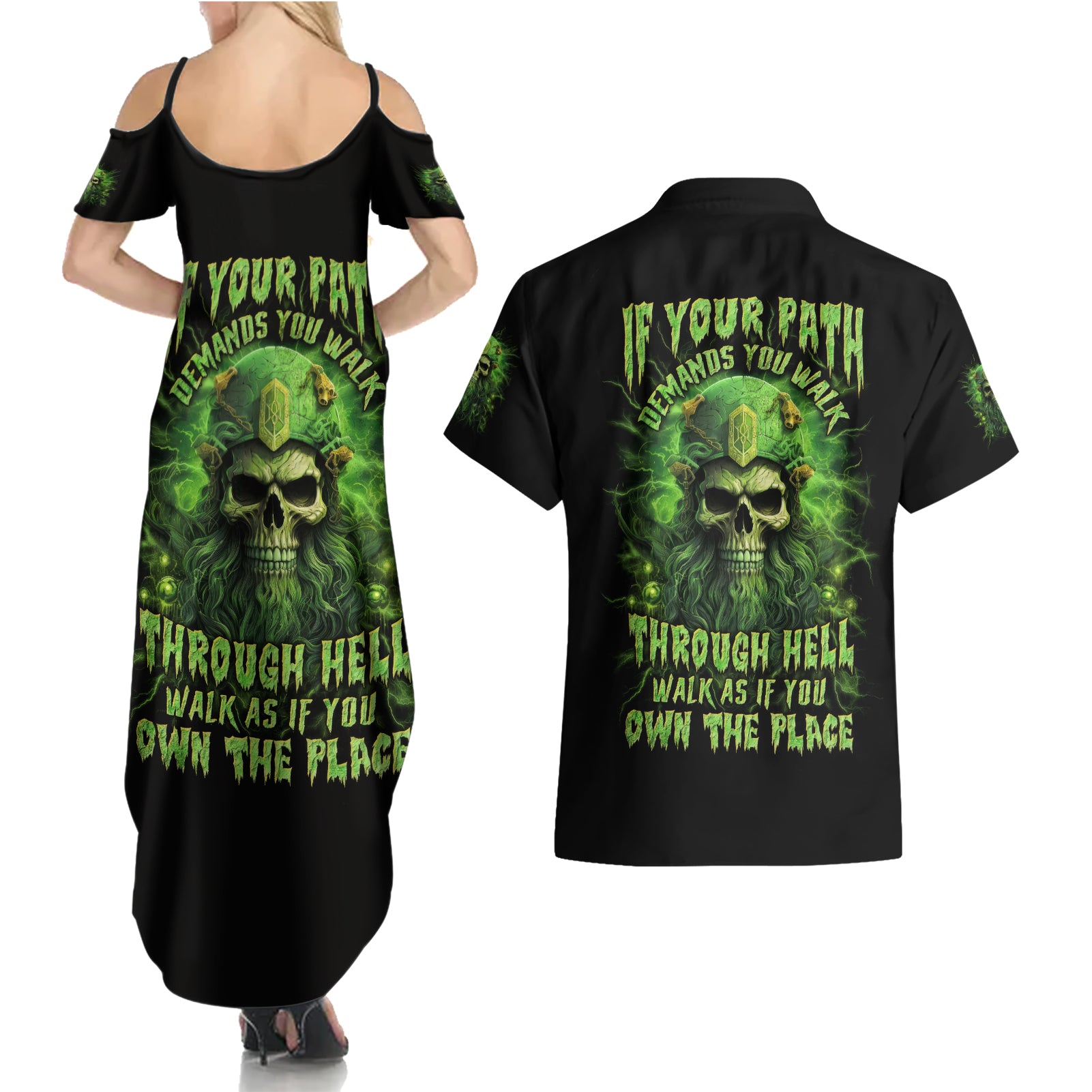 Viking Skull Couples Matching Summer Maxi Dress and Hawaiian Shirt If Your Path Demnads You Walk Through Hell Walk As If You Own The Place - Wonder Print Shop