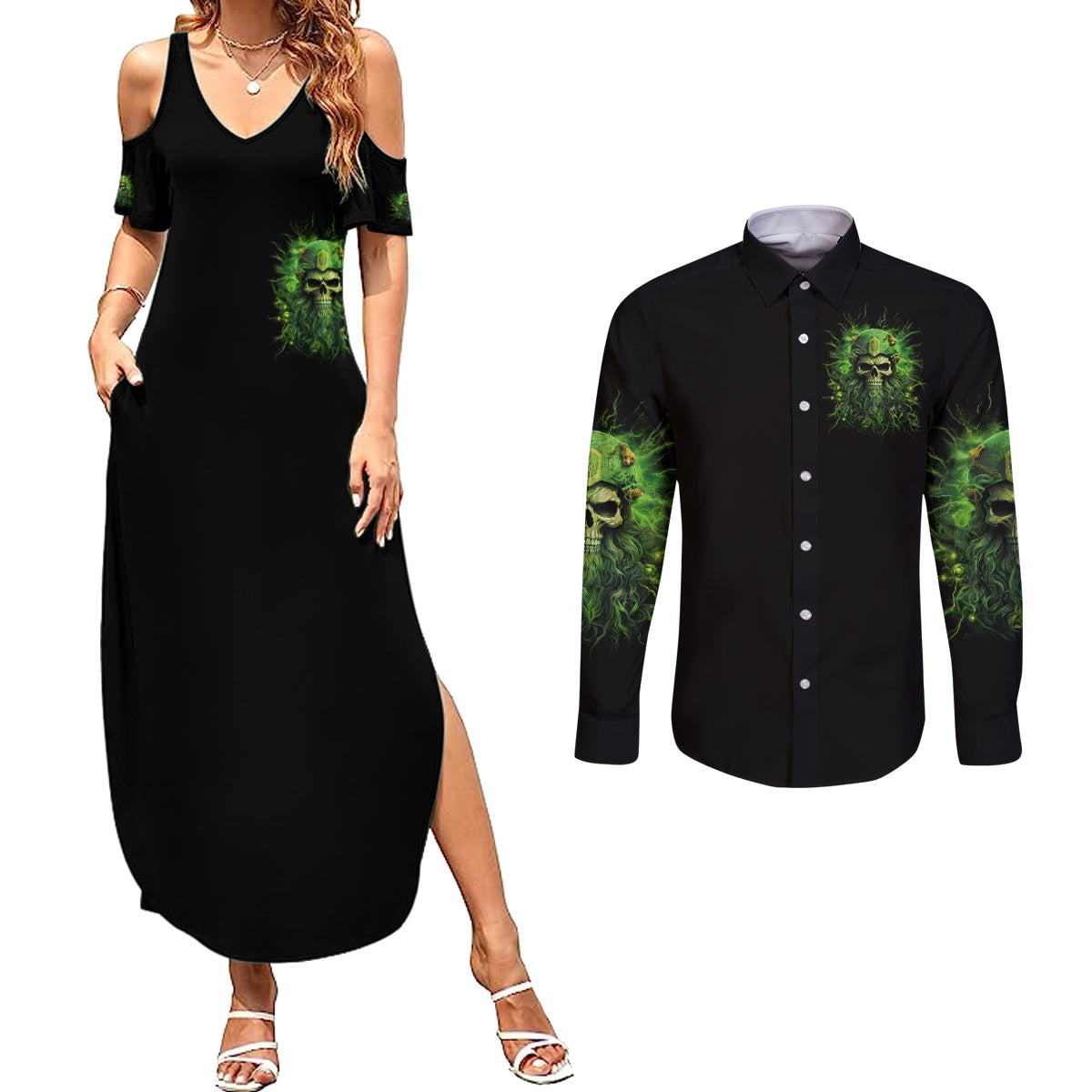 Viking Skull Couples Matching Summer Maxi Dress and Long Sleeve Button Shirt If Your Path Demnads You Walk Through Hell Walk As If You Own The Place - Wonder Print Shop
