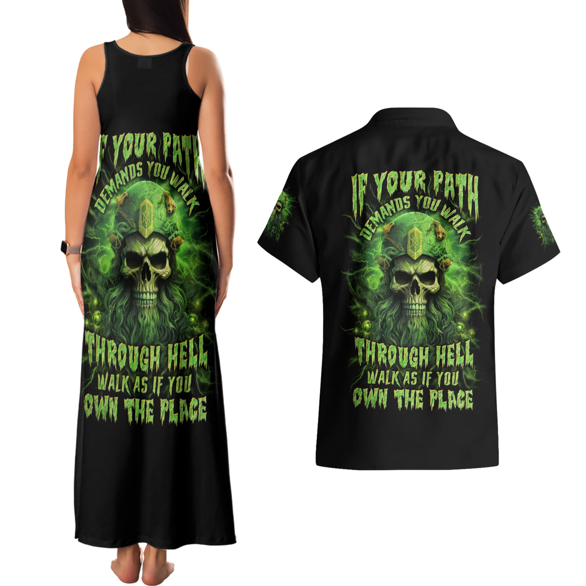 Viking Skull Couples Matching Tank Maxi Dress and Hawaiian Shirt If Your Path Demnads You Walk Through Hell Walk As If You Own The Place - Wonder Print Shop
