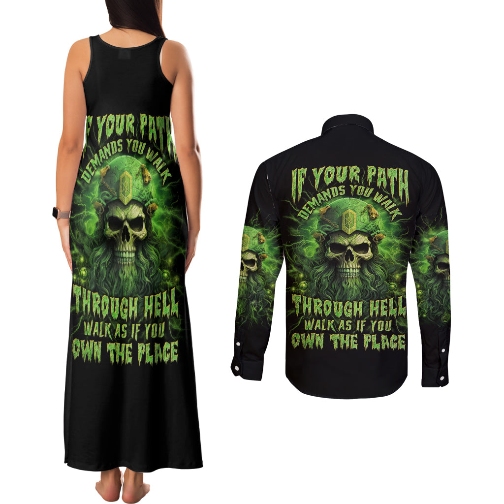 Viking Skull Couples Matching Tank Maxi Dress and Long Sleeve Button Shirt If Your Path Demnads You Walk Through Hell Walk As If You Own The Place - Wonder Print Shop