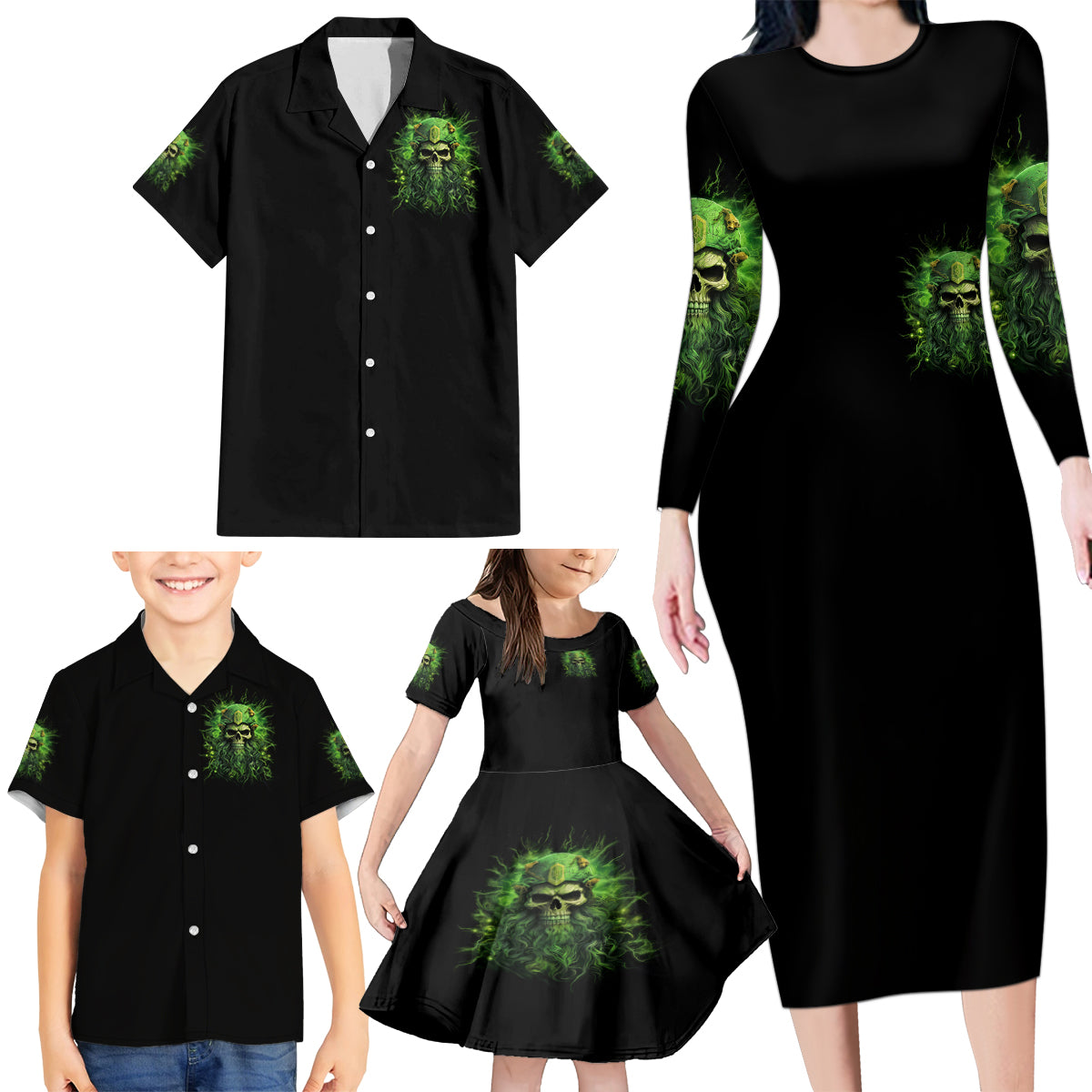 Viking Skull Family Matching Long Sleeve Bodycon Dress and Hawaiian Shirt If Your Path Demnads You Walk Through Hell Walk As If You Own The Place - Wonder Print Shop