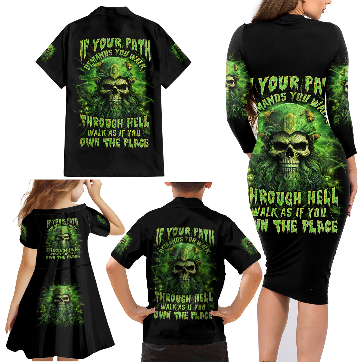 Viking Skull Family Matching Long Sleeve Bodycon Dress and Hawaiian Shirt If Your Path Demnads You Walk Through Hell Walk As If You Own The Place - Wonder Print Shop