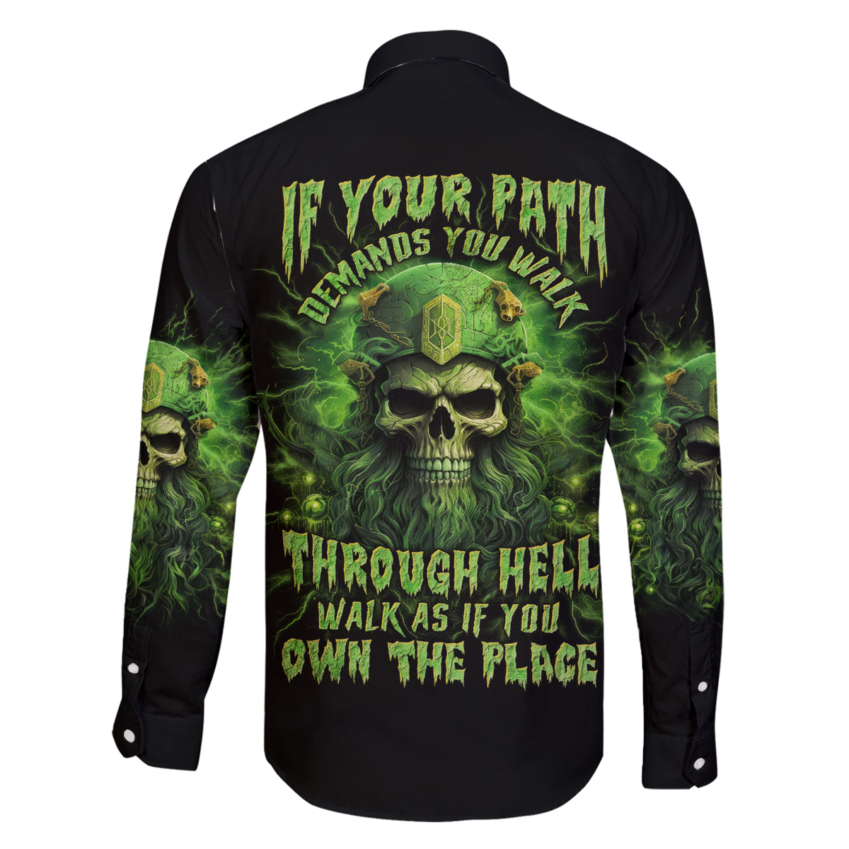 Viking Skull Family Matching Long Sleeve Bodycon Dress and Hawaiian Shirt If Your Path Demnads You Walk Through Hell Walk As If You Own The Place - Wonder Print Shop