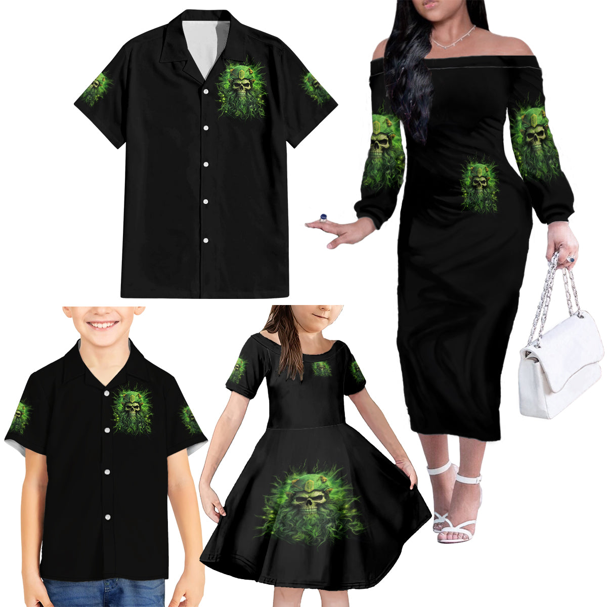 Viking Skull Family Matching Off The Shoulder Long Sleeve Dress and Hawaiian Shirt If Your Path Demnads You Walk Through Hell Walk As If You Own The Place - Wonder Print Shop