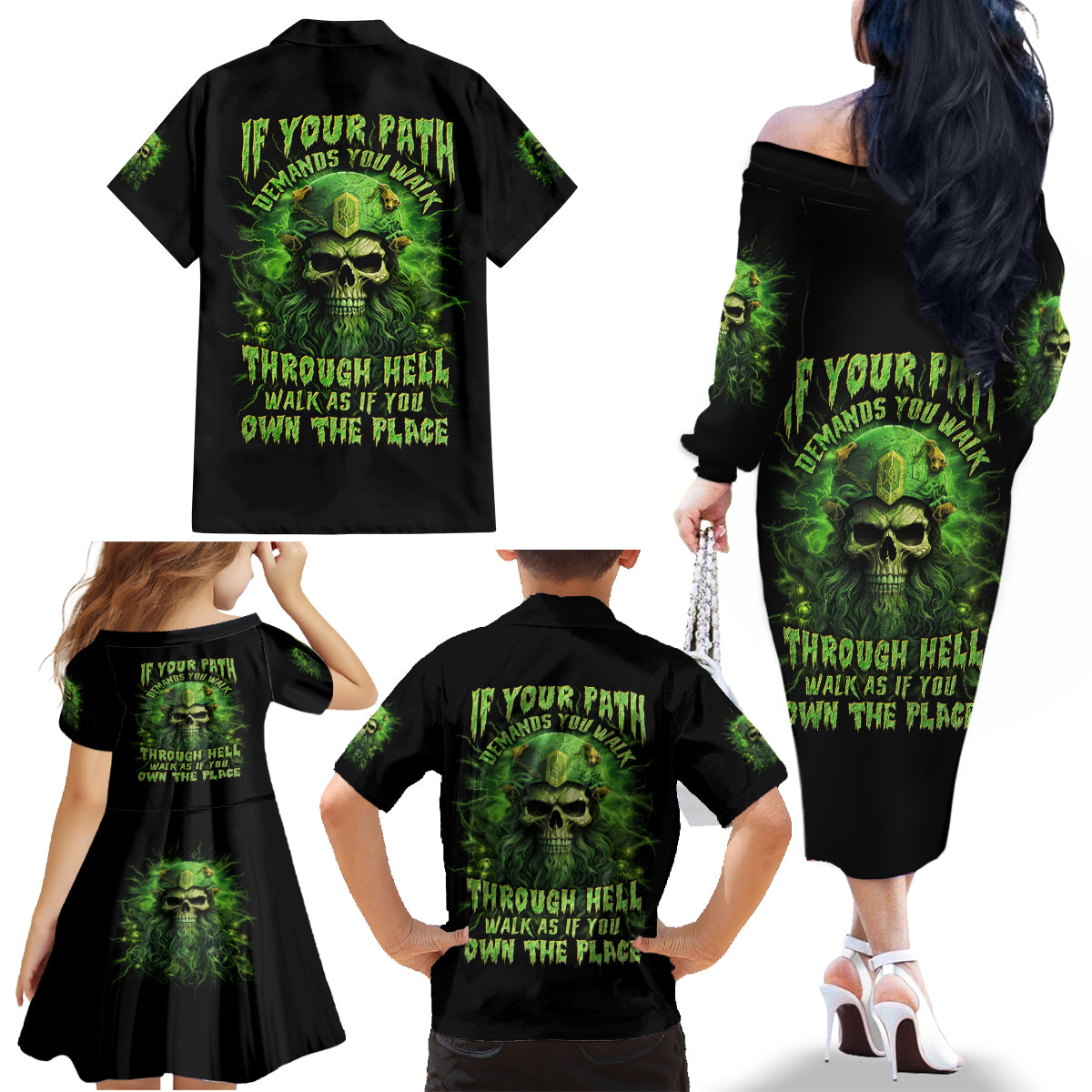 Viking Skull Family Matching Off The Shoulder Long Sleeve Dress and Hawaiian Shirt If Your Path Demnads You Walk Through Hell Walk As If You Own The Place - Wonder Print Shop