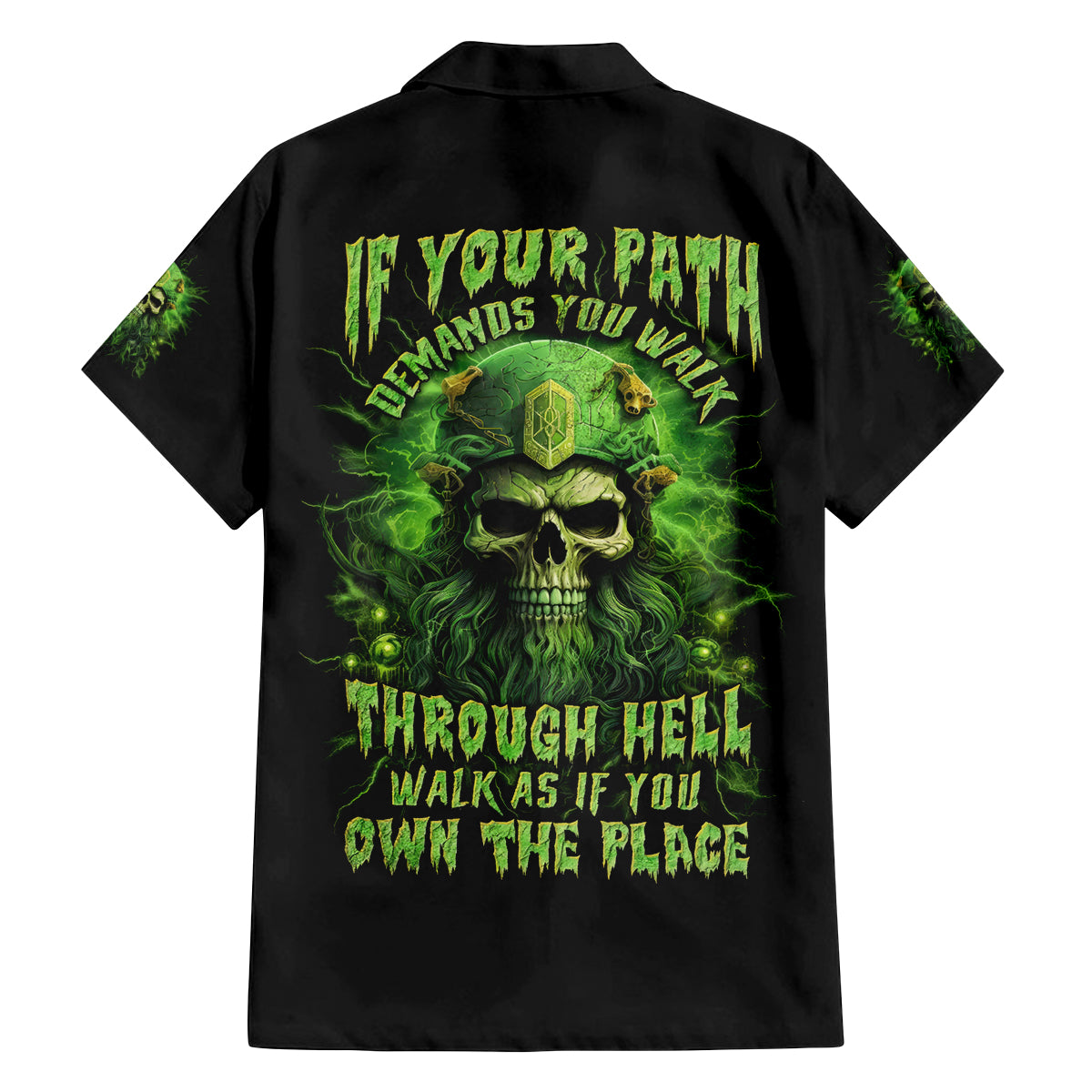 Viking Skull Family Matching Off The Shoulder Long Sleeve Dress and Hawaiian Shirt If Your Path Demnads You Walk Through Hell Walk As If You Own The Place - Wonder Print Shop