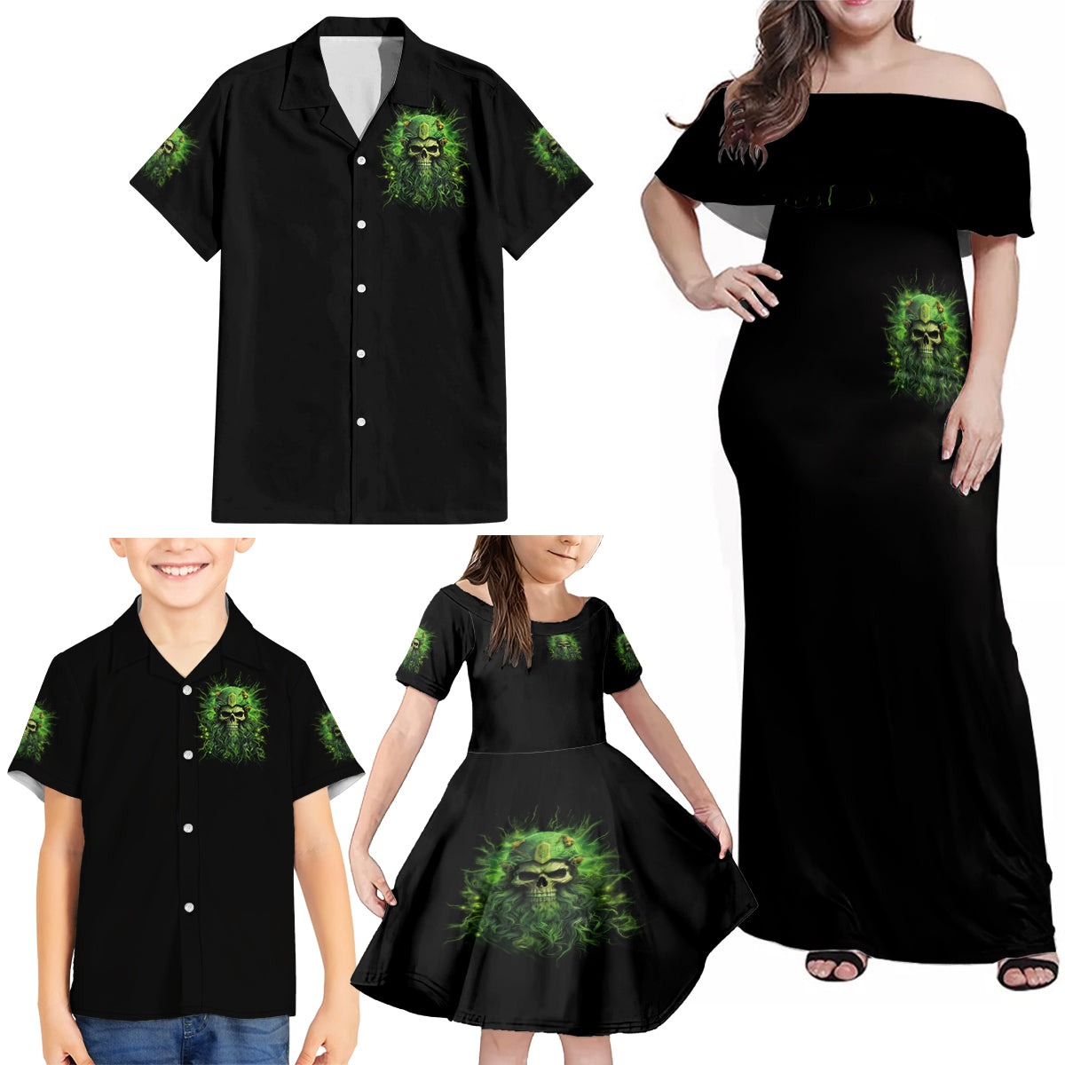Viking Skull Family Matching Off Shoulder Maxi Dress and Hawaiian Shirt If Your Path Demnads You Walk Through Hell Walk As If You Own The Place - Wonder Print Shop