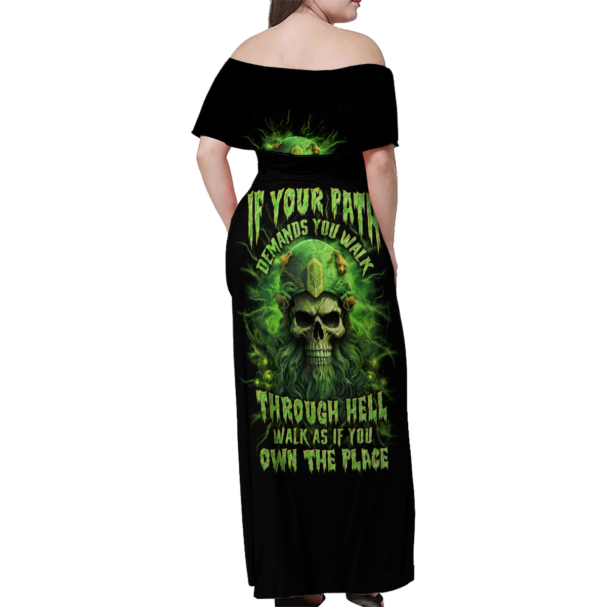 Viking Skull Family Matching Off Shoulder Maxi Dress and Hawaiian Shirt If Your Path Demnads You Walk Through Hell Walk As If You Own The Place - Wonder Print Shop