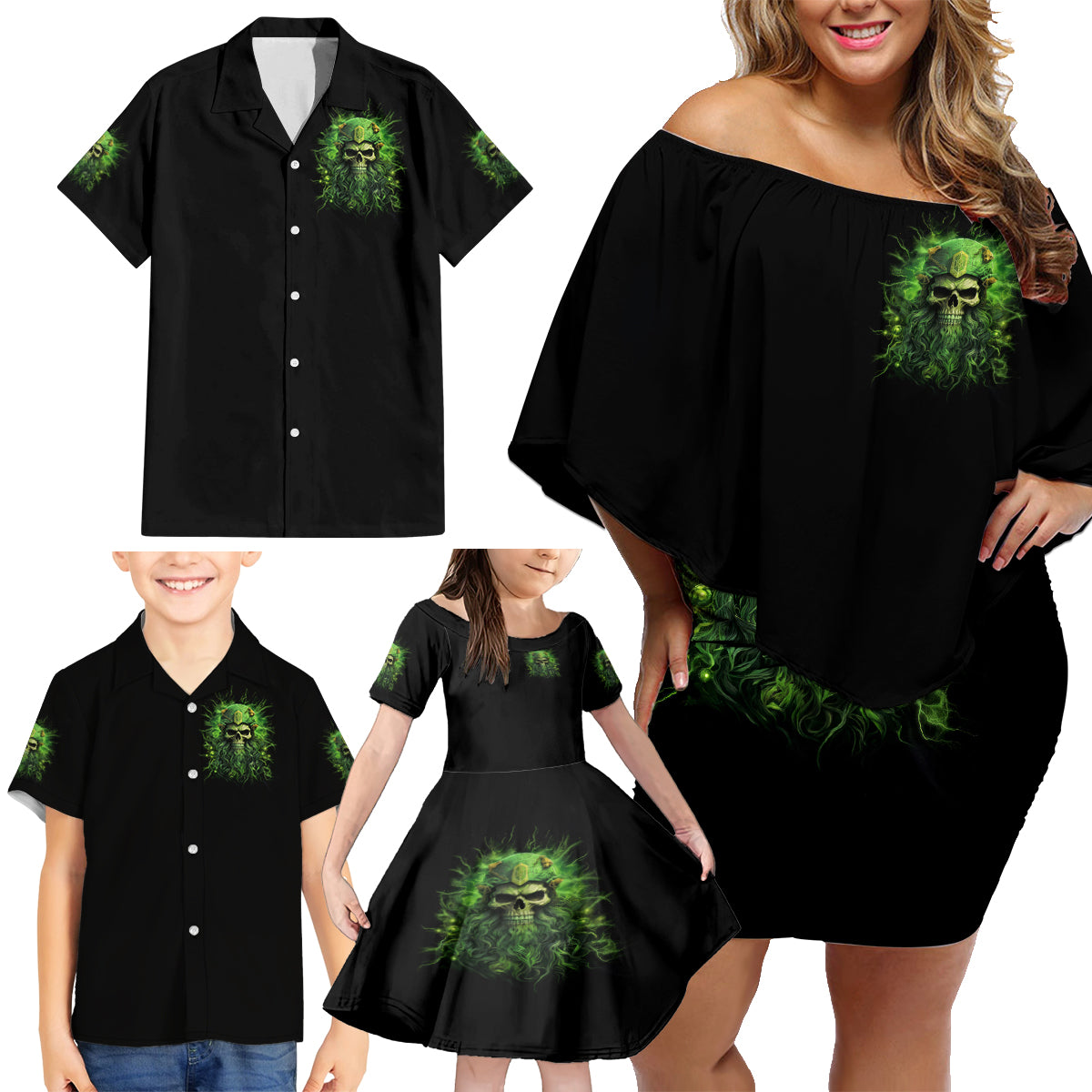 Viking Skull Family Matching Off Shoulder Short Dress and Hawaiian Shirt If Your Path Demnads You Walk Through Hell Walk As If You Own The Place - Wonder Print Shop