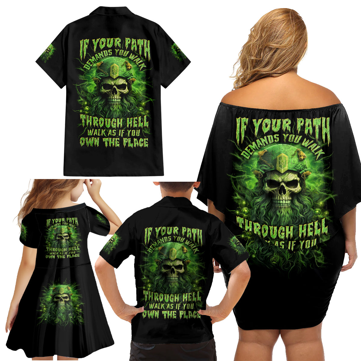Viking Skull Family Matching Off Shoulder Short Dress and Hawaiian Shirt If Your Path Demnads You Walk Through Hell Walk As If You Own The Place - Wonder Print Shop