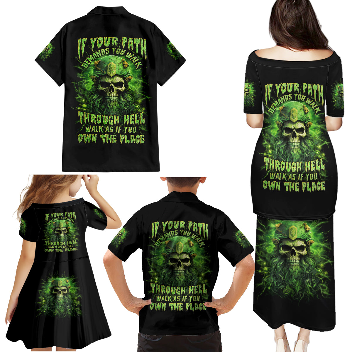 Viking Skull Family Matching Puletasi and Hawaiian Shirt If Your Path Demnads You Walk Through Hell Walk As If You Own The Place - Wonder Print Shop