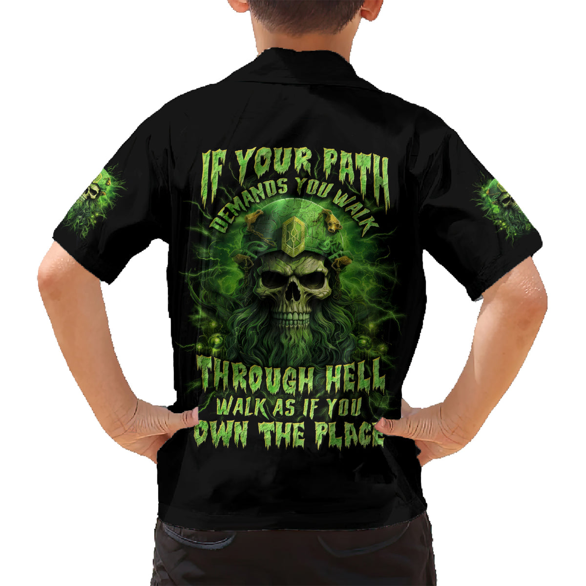 Viking Skull Family Matching Short Sleeve Bodycon Dress and Hawaiian Shirt If Your Path Demnads You Walk Through Hell Walk As If You Own The Place - Wonder Print Shop