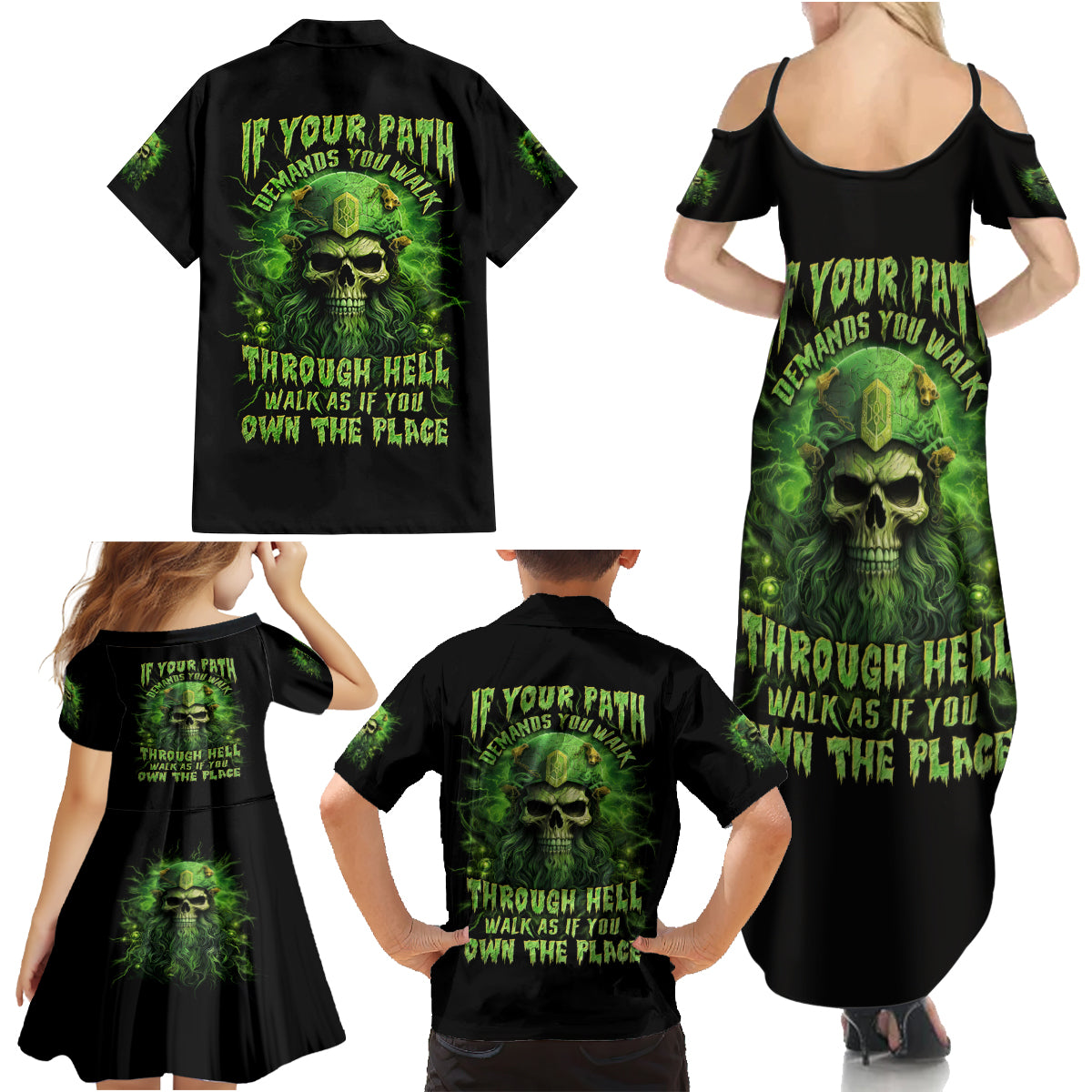 Viking Skull Family Matching Summer Maxi Dress and Hawaiian Shirt If Your Path Demnads You Walk Through Hell Walk As If You Own The Place - Wonder Print Shop