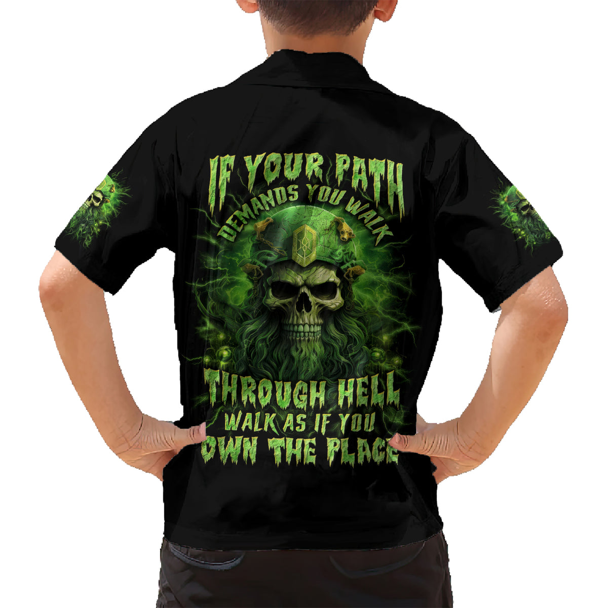 Viking Skull Kid Hawaiian Shirt If Your Path Demnads You Walk Through Hell Walk As If You Own The Place - Wonder Print Shop