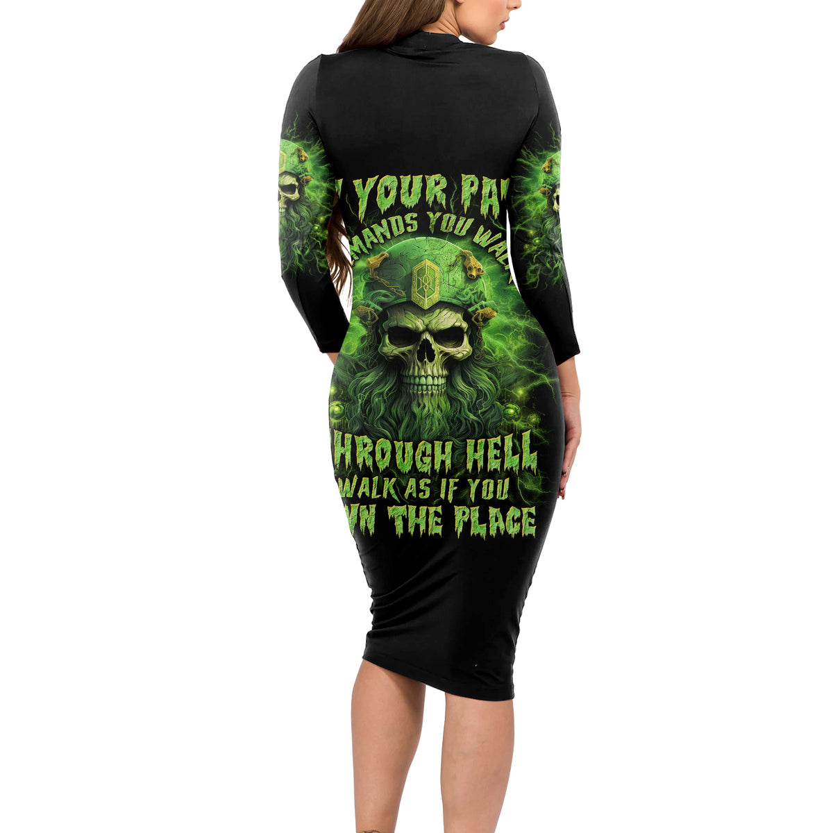 Viking Skull Long Sleeve Bodycon Dress If Your Path Demnads You Walk Through Hell Walk As If You Own The Place - Wonder Print Shop