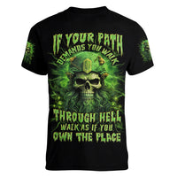 Viking Skull Women V Neck T Shirt If Your Path Demnads You Walk Through Hell Walk As If You Own The Place - Wonder Print Shop