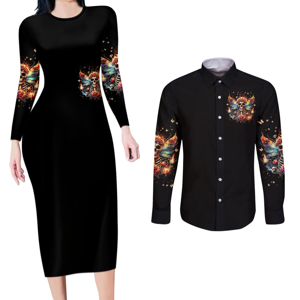 Fairy Skull Couples Matching Long Sleeve Bodycon Dress and Long Sleeve Button Shirt Don't Fuck With Me I Fuck Back - Wonder Print Shop