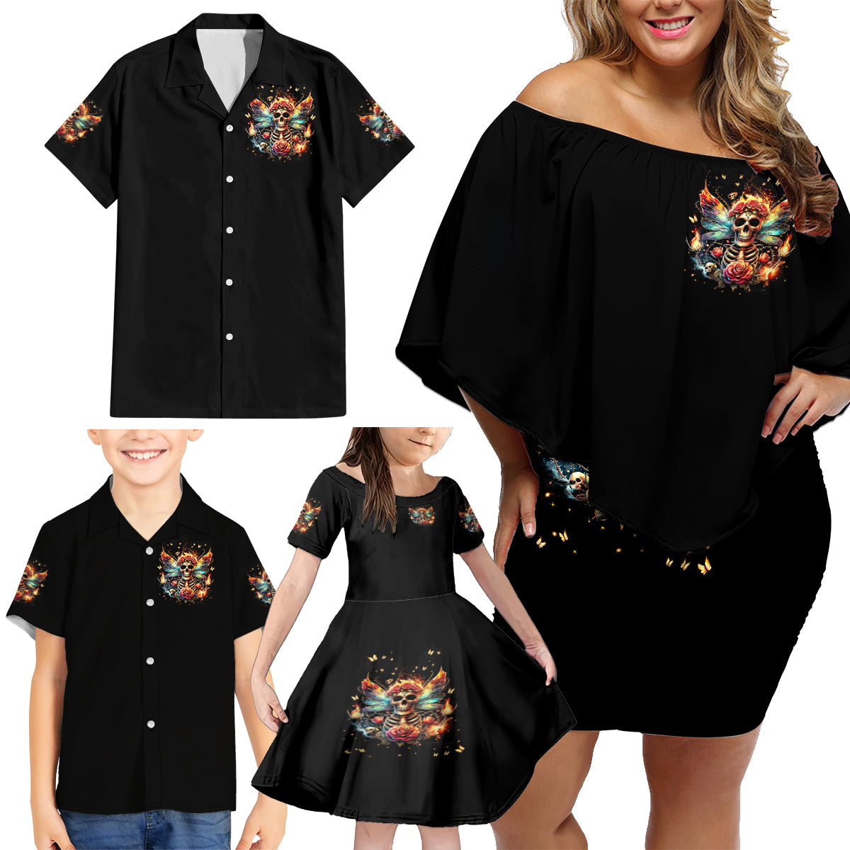 Fairy Skull Family Matching Off Shoulder Short Dress and Hawaiian Shirt Don't Fuck With Me I Fuck Back - Wonder Print Shop