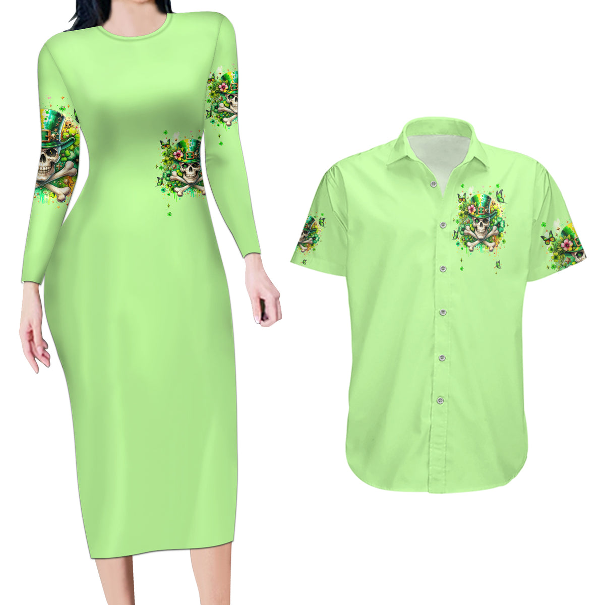 Irish Skull Couples Matching Long Sleeve Bodycon Dress and Hawaiian Shirt Let The Shenanigans Begin - Wonder Print Shop