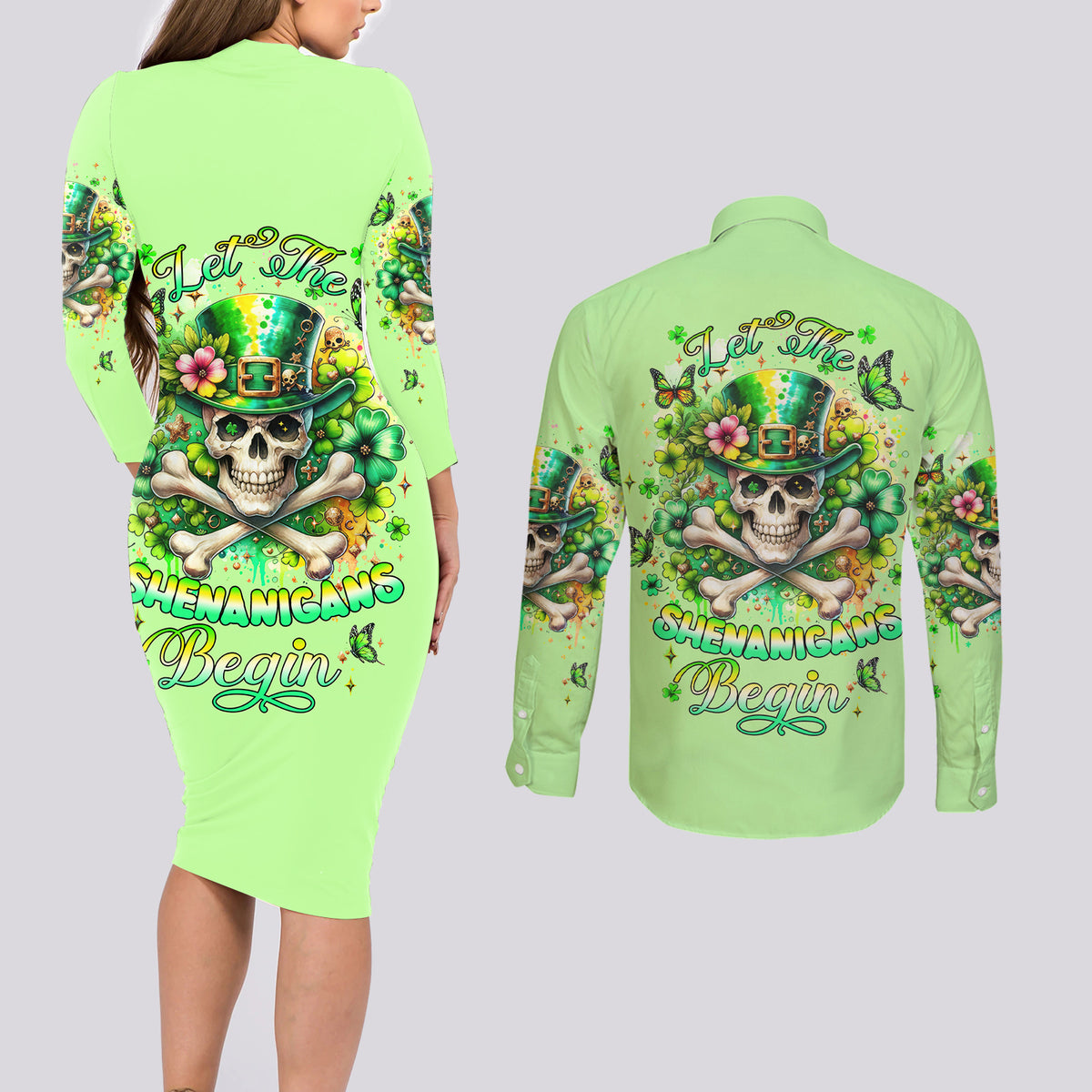 Irish Skull Couples Matching Long Sleeve Bodycon Dress and Long Sleeve Button Shirt Let The Shenanigans Begin - Wonder Print Shop